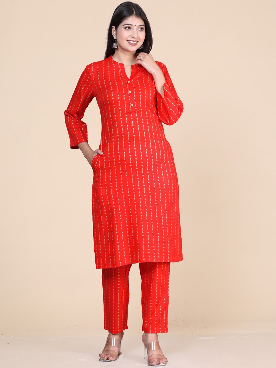 

HERE&NOW Red Ethnic Motifs Printed Mandarin Collar Straight Kurta With Trouser
