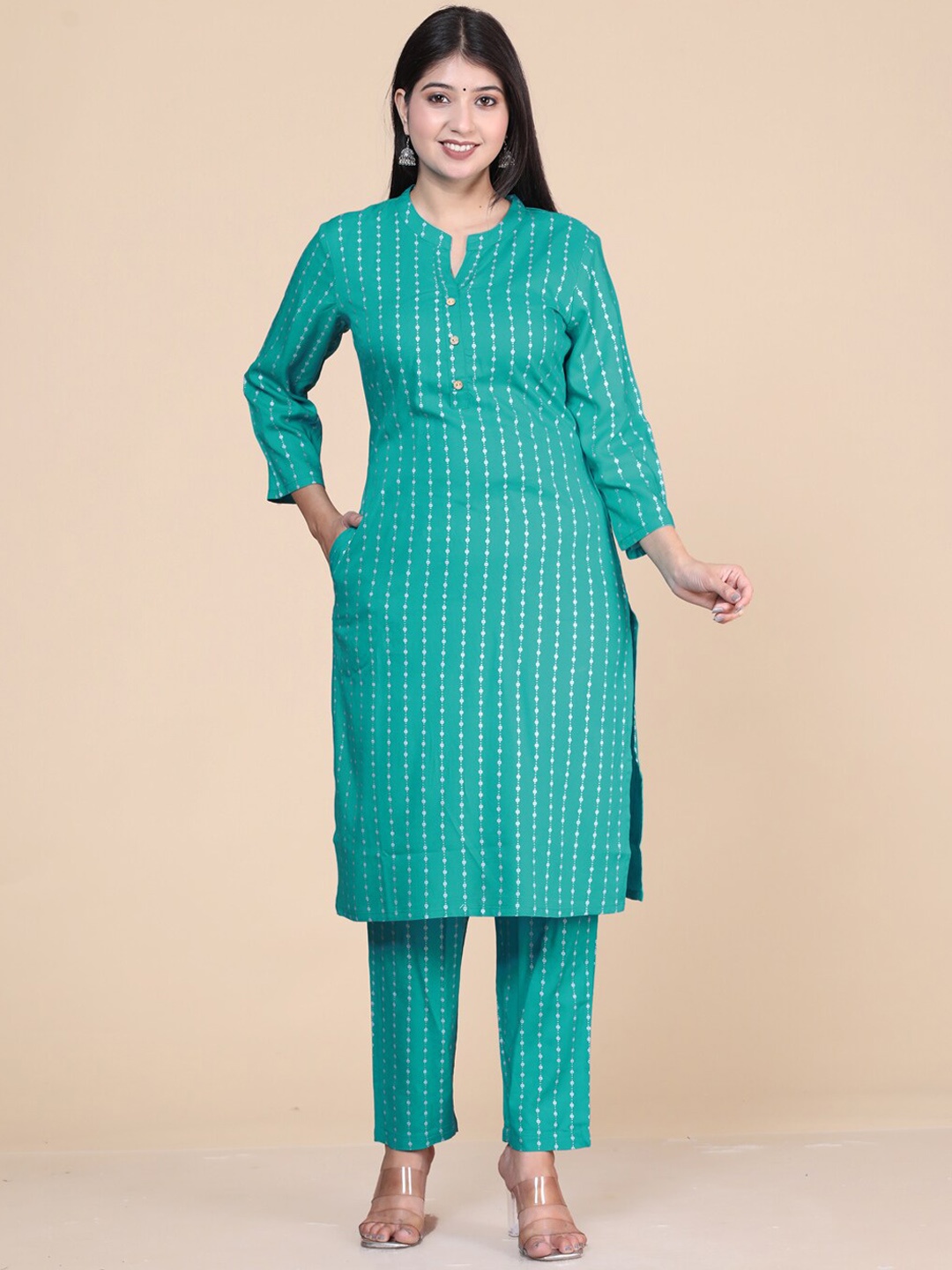 

HERE&NOW Printed Mandarin Collar With Kurta & Trouser, Teal