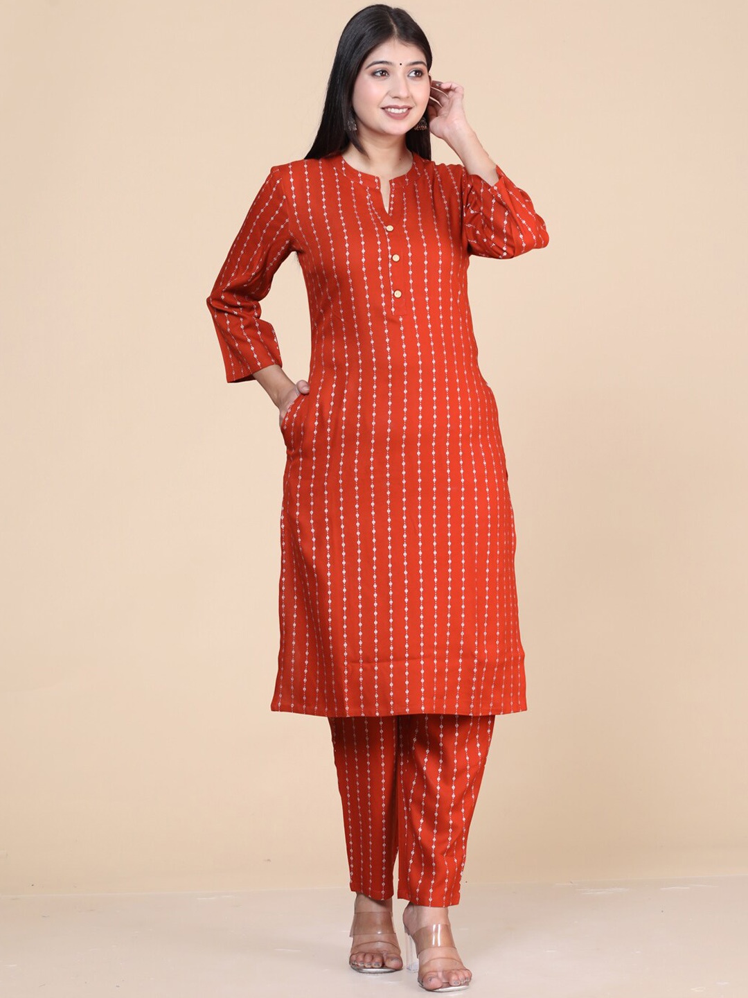 

HERE&NOW Ethnic Motifs Printed Mandarin Collar Kurta With Trouser, Rust