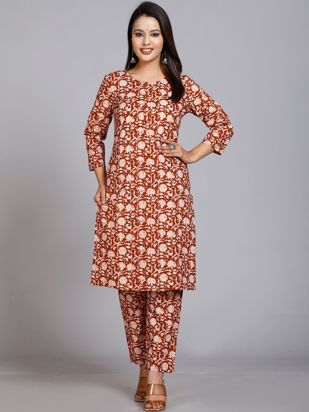 

HERE&NOW Floral Printed Pure Cotton Kurta With Trouser, Maroon
