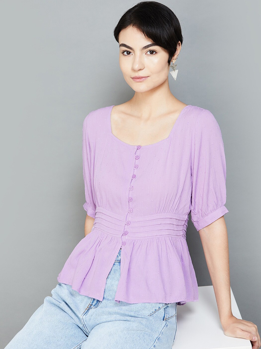 

Fame Forever by Lifestyle Self Design Cuffed Sleeves Cinched Waist Top, Purple