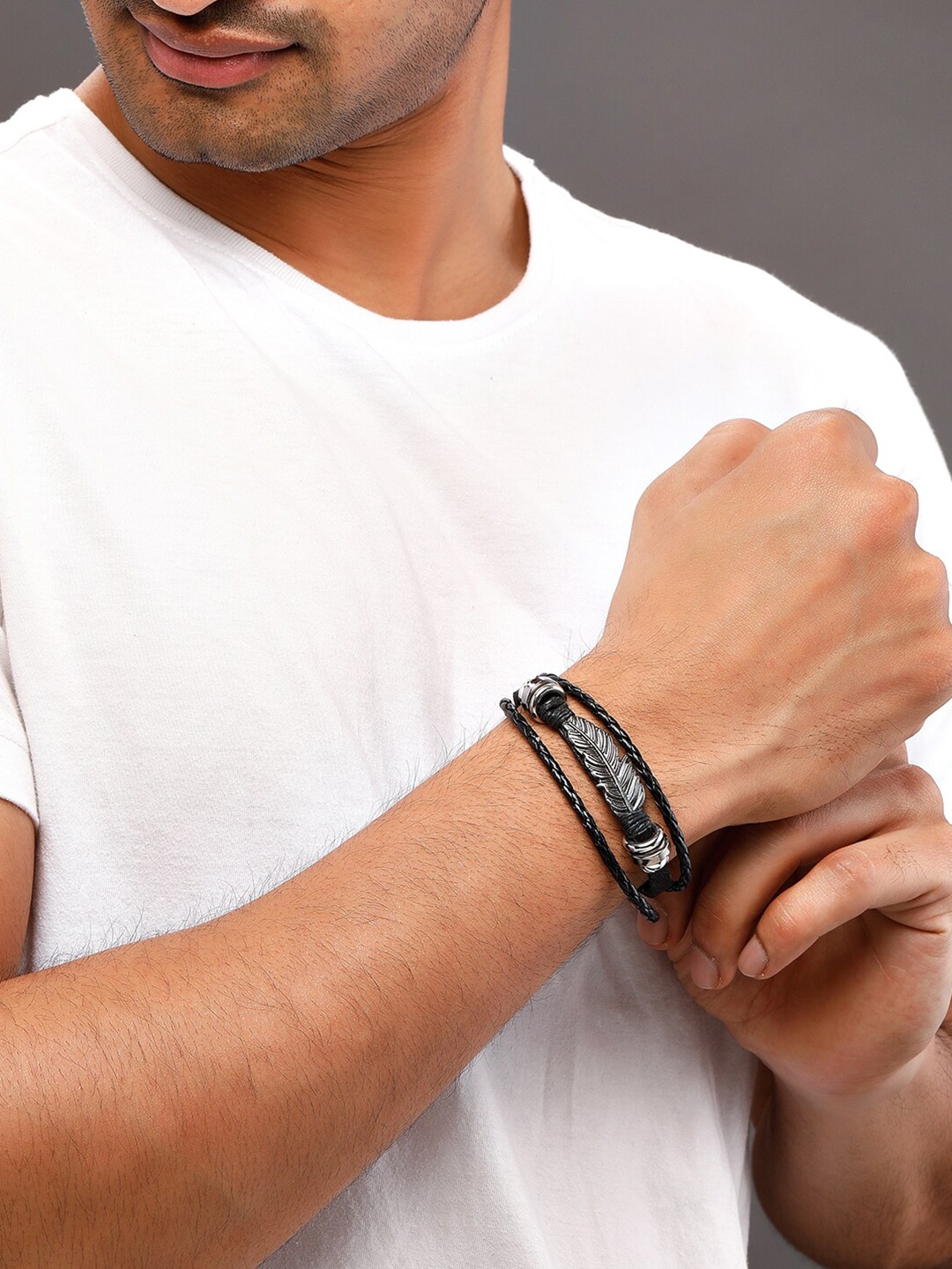

The Roadster Lifestyle Co. Men Silver Toned Rhodium Plated Leather Multistrand Bracelet