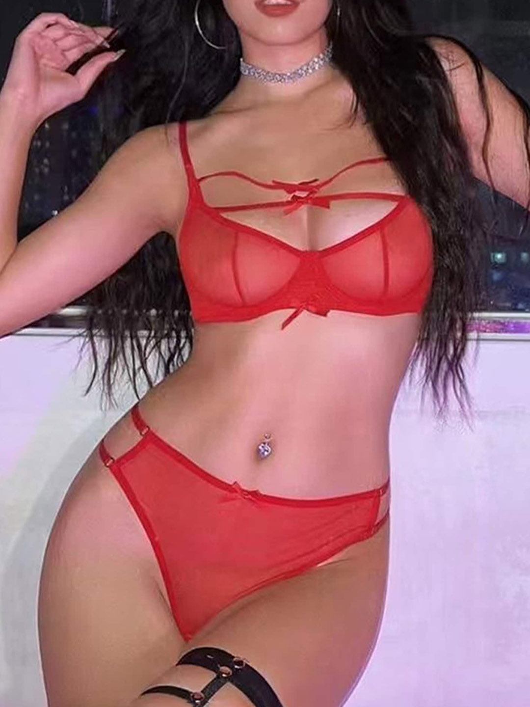 

LULU & SKY Self Design Lingerie Set, Red