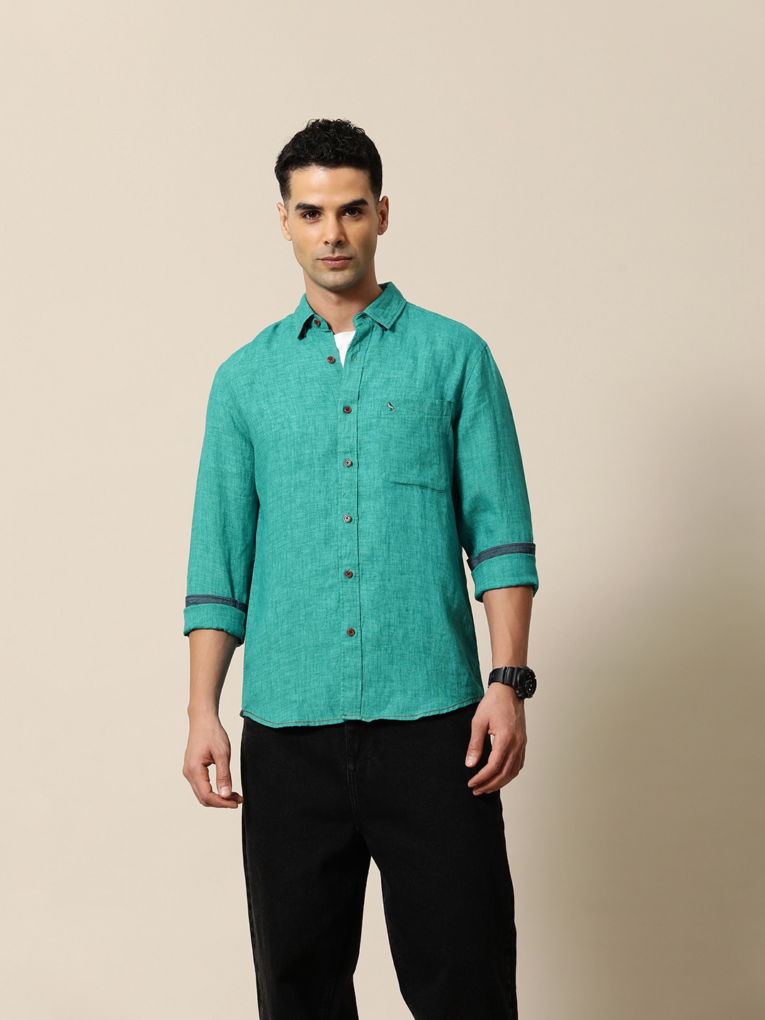 

Mr Bowerbird Men Premium Tailored Fit Pure Linen Summer Shirt, Teal