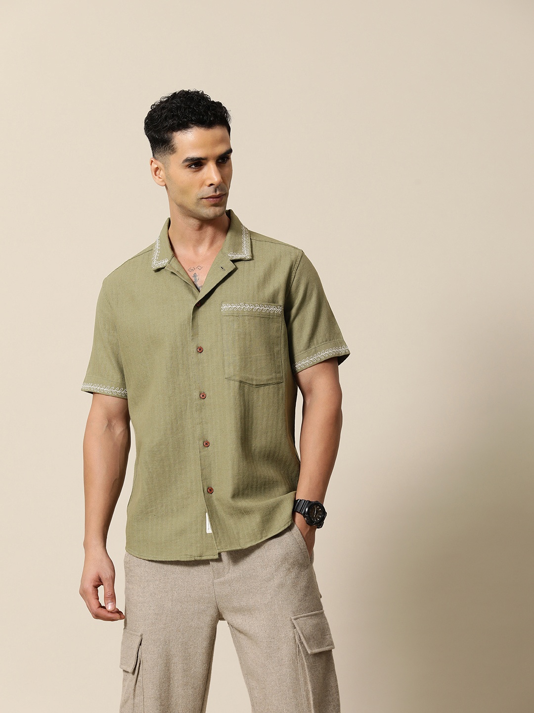 

Mr Bowerbird Men Premium Crushed Cotton Embroidery Shirt, Green