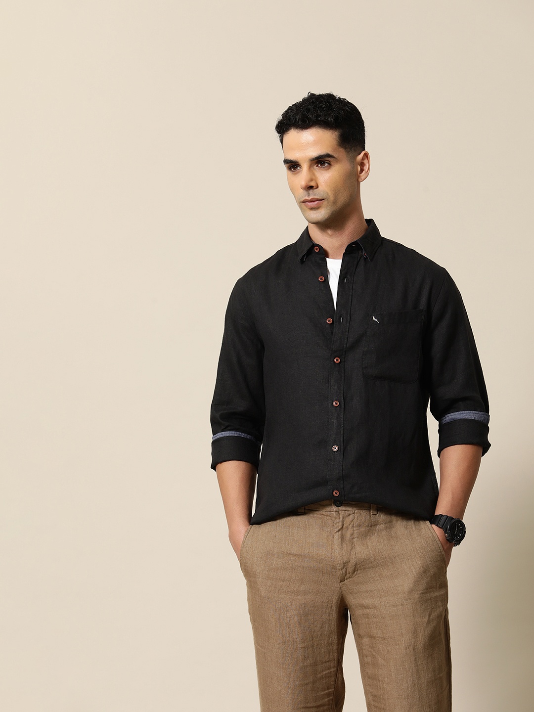

Mr Bowerbird Men Premium Tailored Fit Linen Summer Shirt, Black