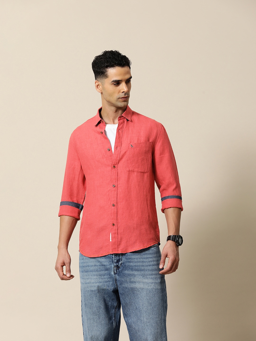 

Mr Bowerbird Men Premium Tailored Fit Linen Summer Shirt, Red