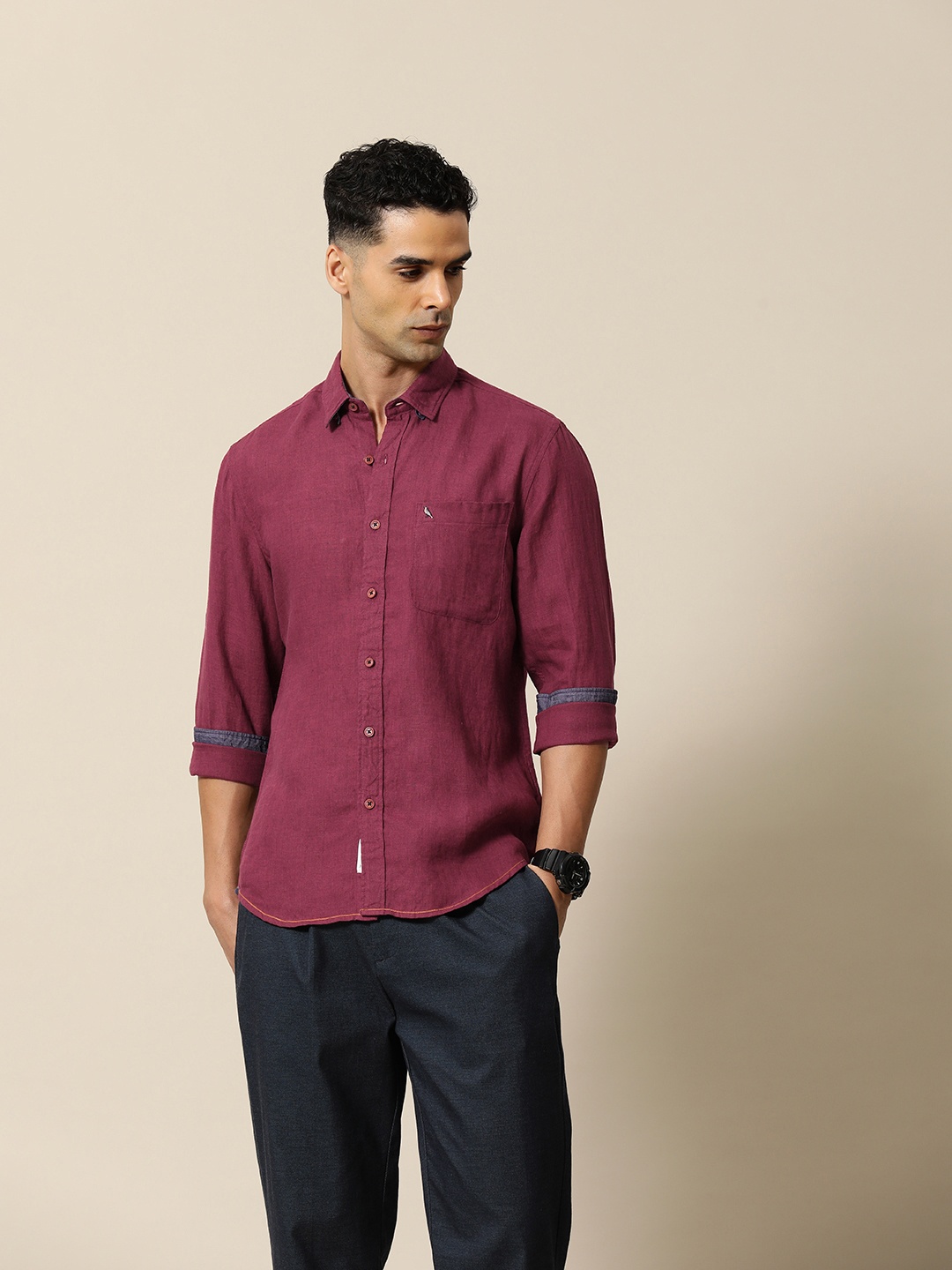 

Mr Bowerbird Men Premium Tailored Fit Linen Summer Shirt, Maroon
