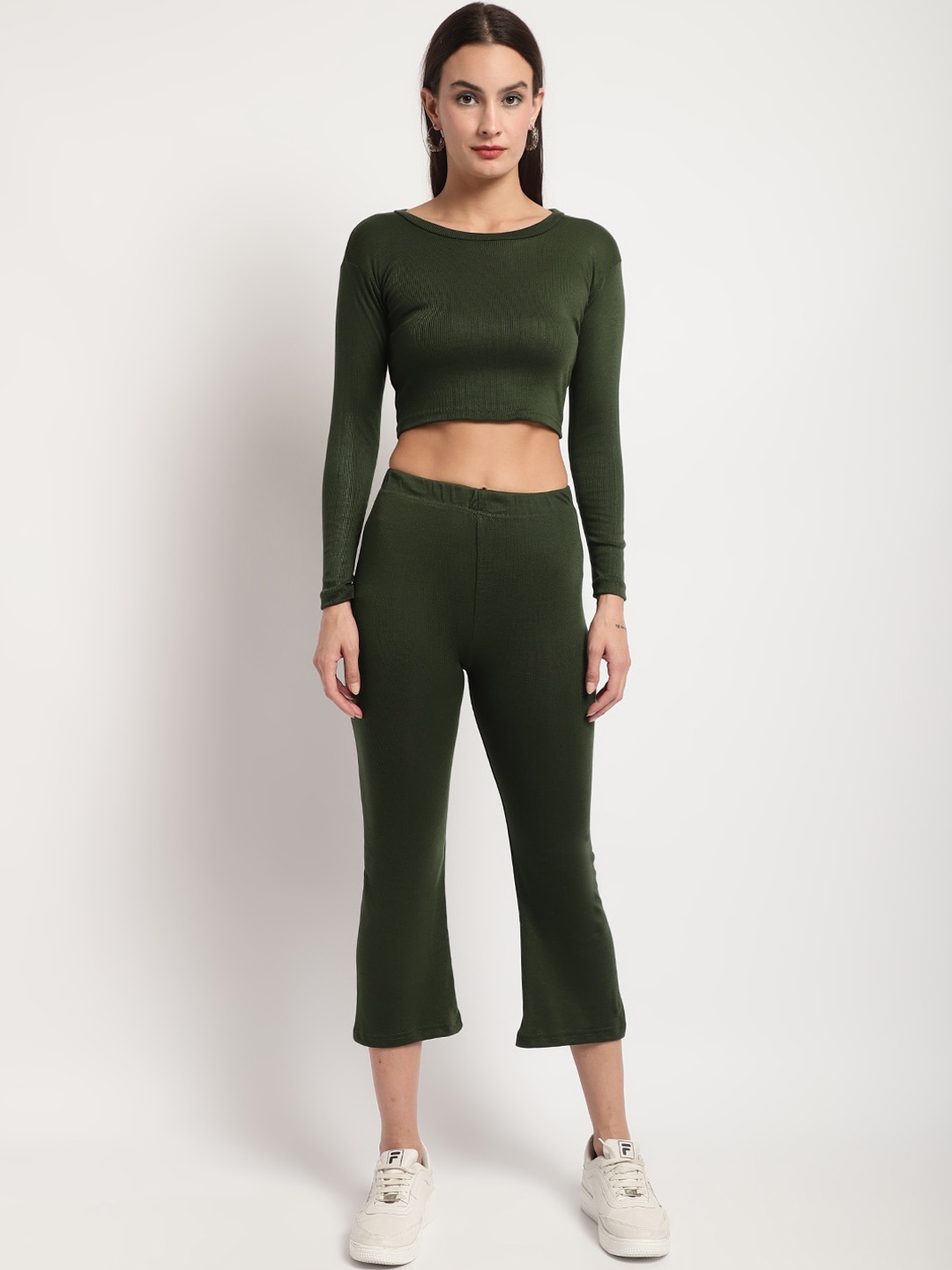 

Miaz Lifestyle Pure Cotton Round Neck Top & Flared Track Pant Co-Ords, Green