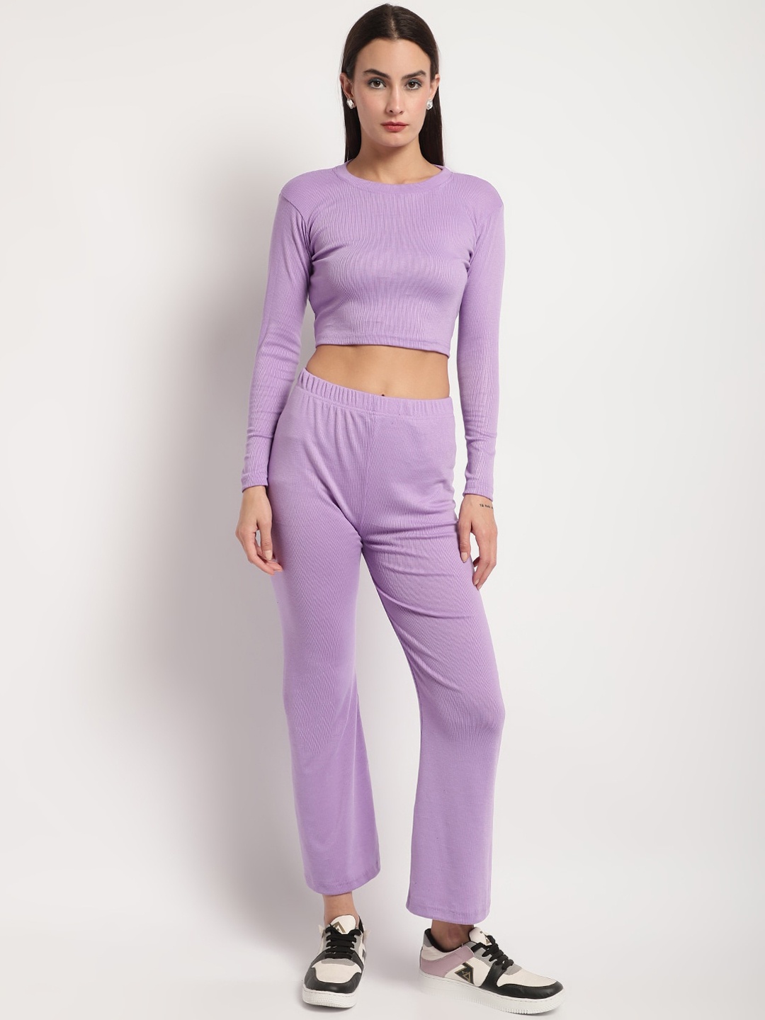 

Miaz Lifestyle Full Sleeves Pure Cotton T-shirt With Track Pants Co-Ords, Purple
