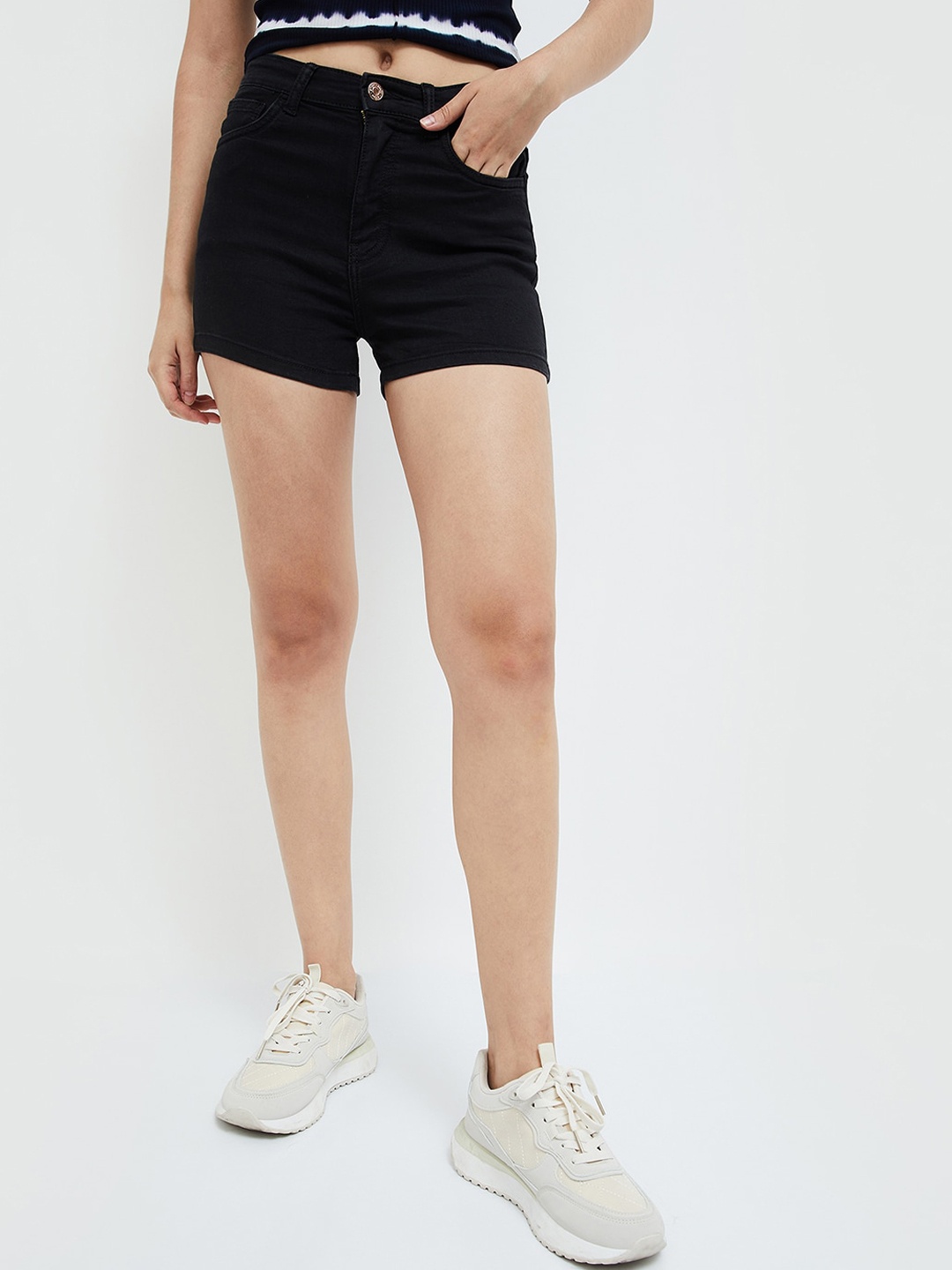 

Ginger by Lifestyle Women Mid Rise Pure Cotton Denim Shorts, Black