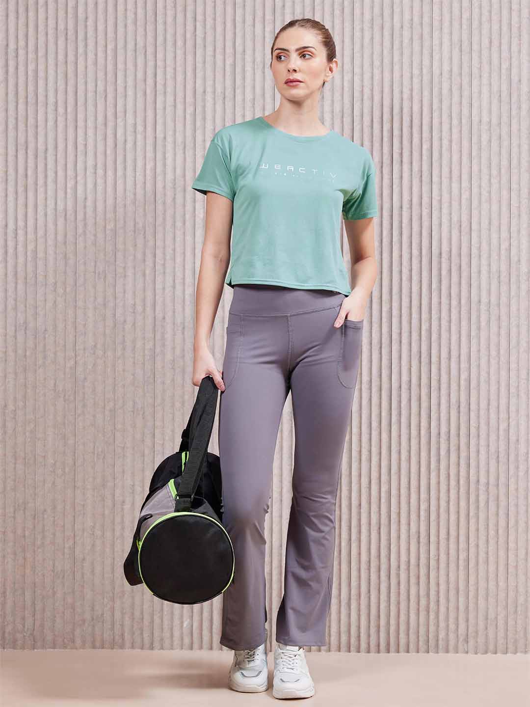 

Technosport SS'24 Typography Printed Round Neck Short Sleeves Active Boxy Crop Top, Green