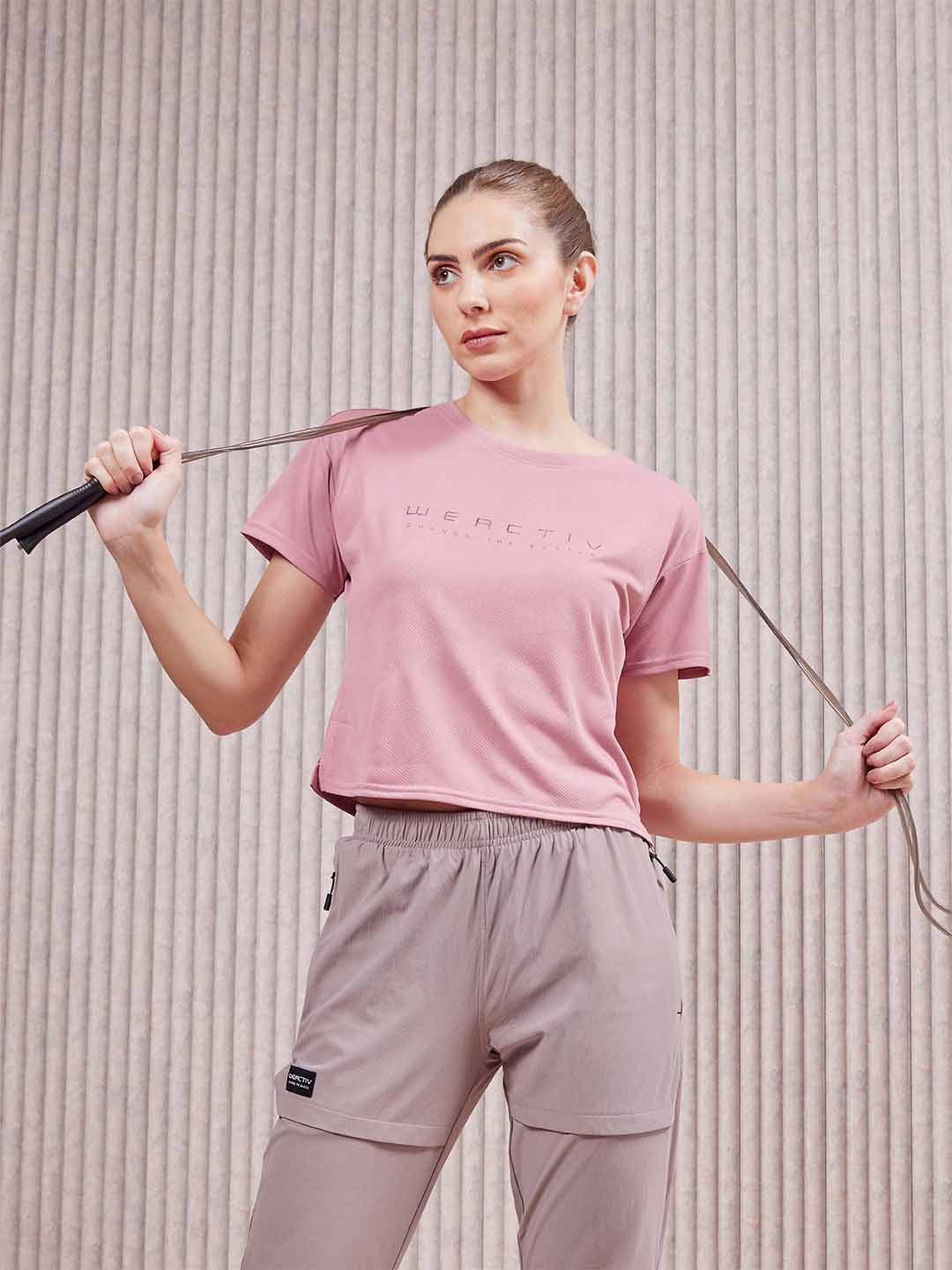 

Technosport SS'24 Typography Printed Round Neck Short Sleeves Active Boxy Crop Top, Rose