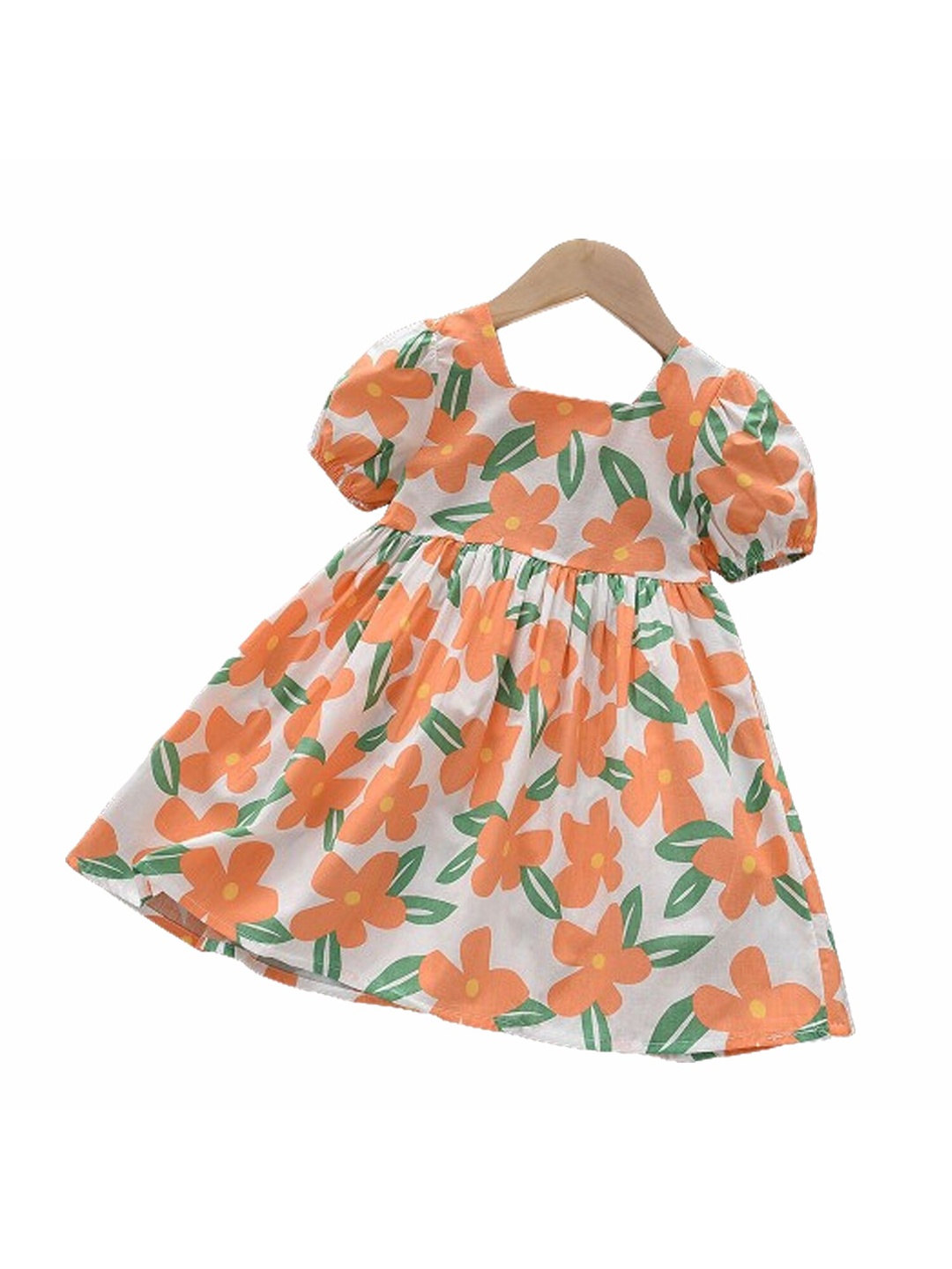 

BAESD Floral Printed Round Neck Puff Sleeve Cotton Fit & Flare Dress, Orange