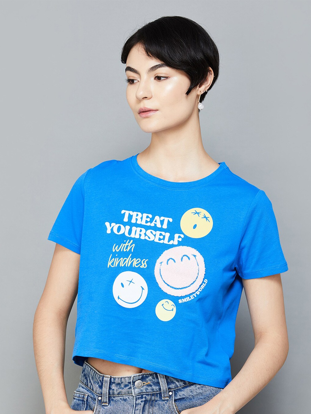 

SmileyWorld Typography Printed Drop-Shoulder Sleeves Cotton T-shirt, Blue