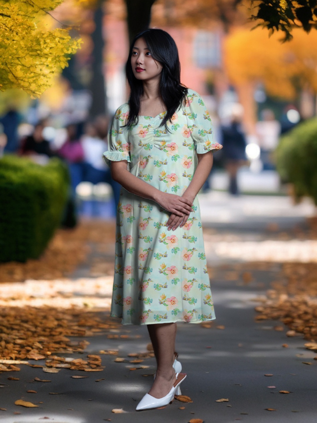 

Zink London Floral Printed Sweetheart Neck Puffed Sleeves A-Line Midi Dress, Green