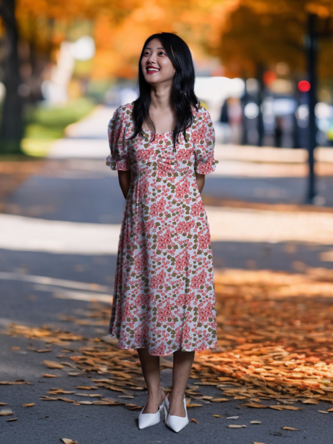 

Zink London Floral Printed Sweetheart Neck Puffed Sleeves A-Line Midi Dress, White