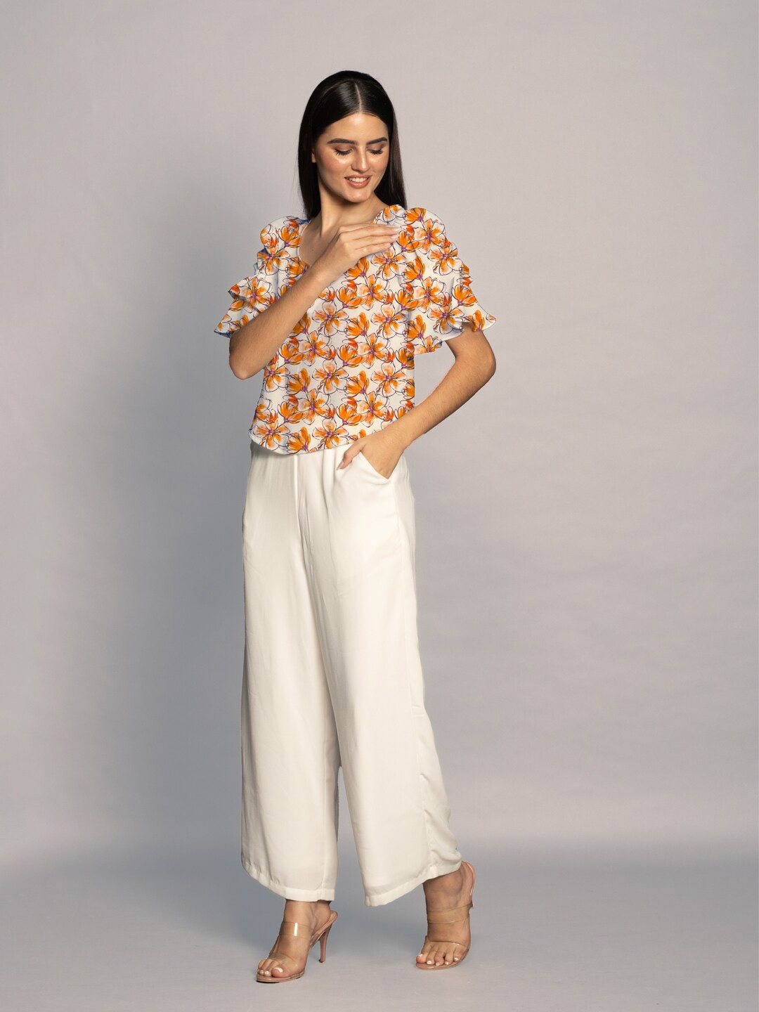 

Zink London Floral Printed Bell Sleeves Ruffled Top, Orange