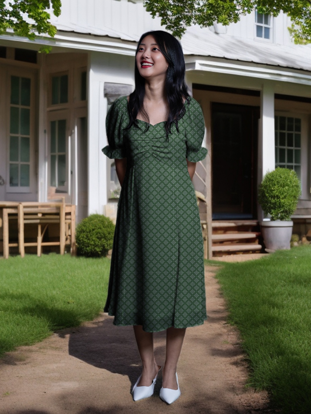 

Zink London Ethnic Motifs Printed Sweetheart Neck Puffed Sleeves A-Line Midi Dress, Green