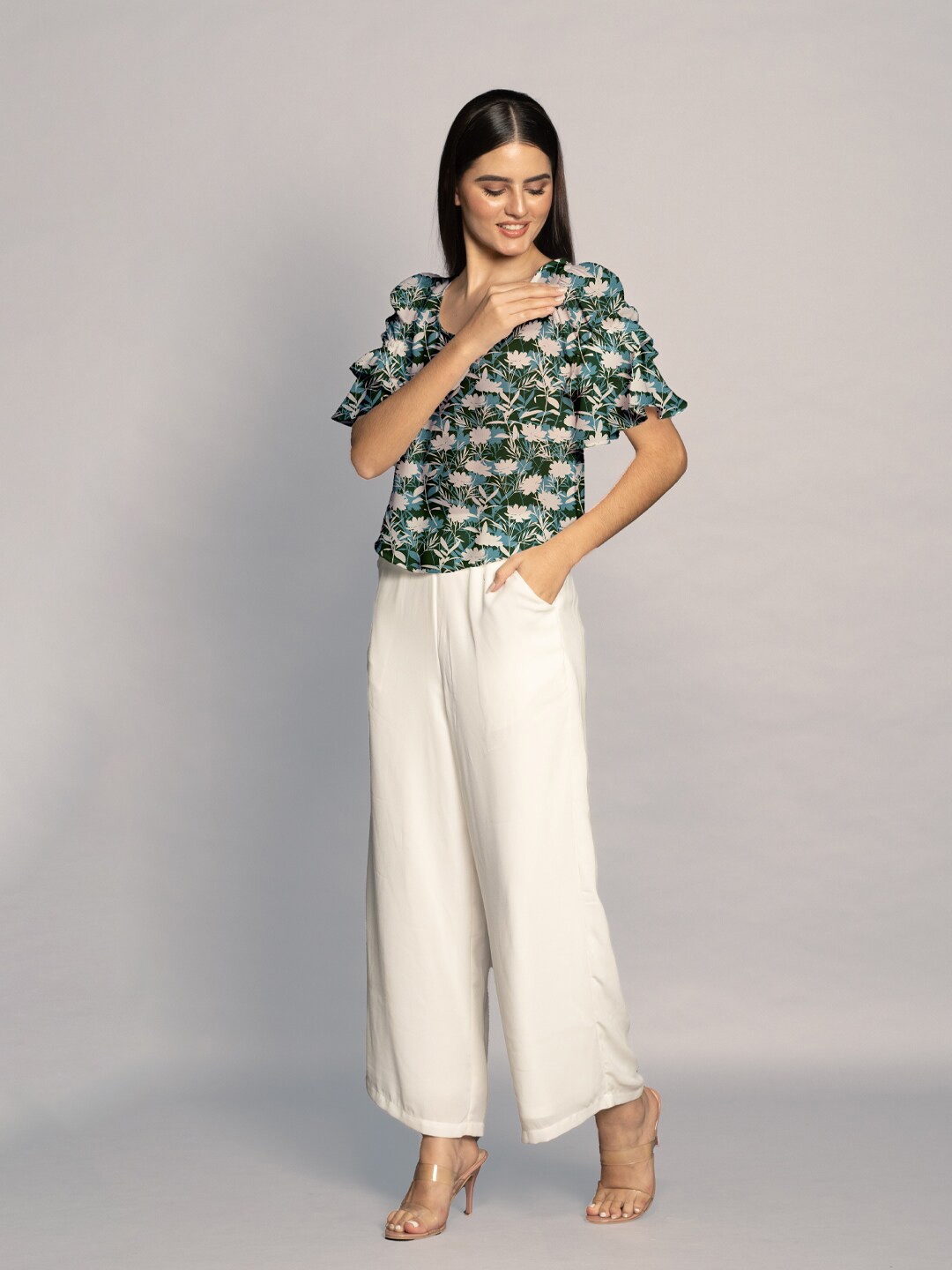 

Zink London Floral Printed Bell Sleeves Ruffled Top, Green