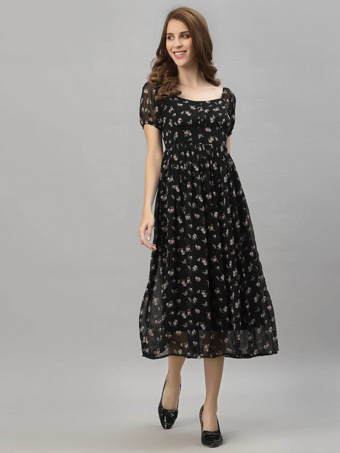 

HOUSE OF KKARMA Floral Printed Puff Sleeve Fit & Flare Midi Dress, Black