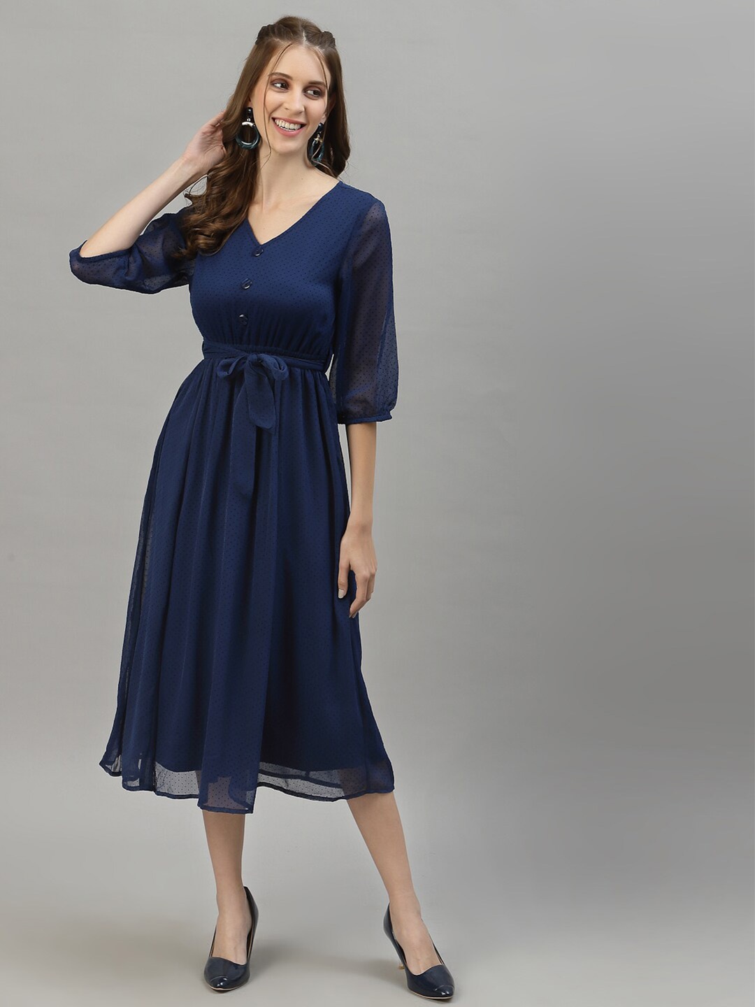 

HOUSE OF KKARMA Puff Sleeve Fit & Flare Midi Dress, Blue