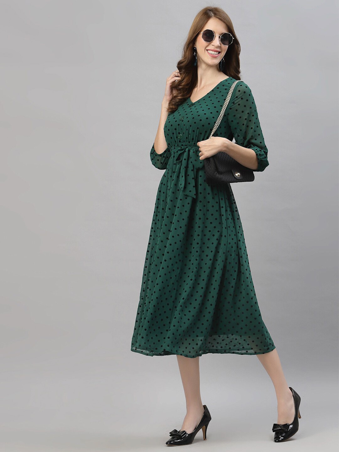 

HOUSE OF KKARMA Polka Dot Printed A-Line Midi Dress, Green