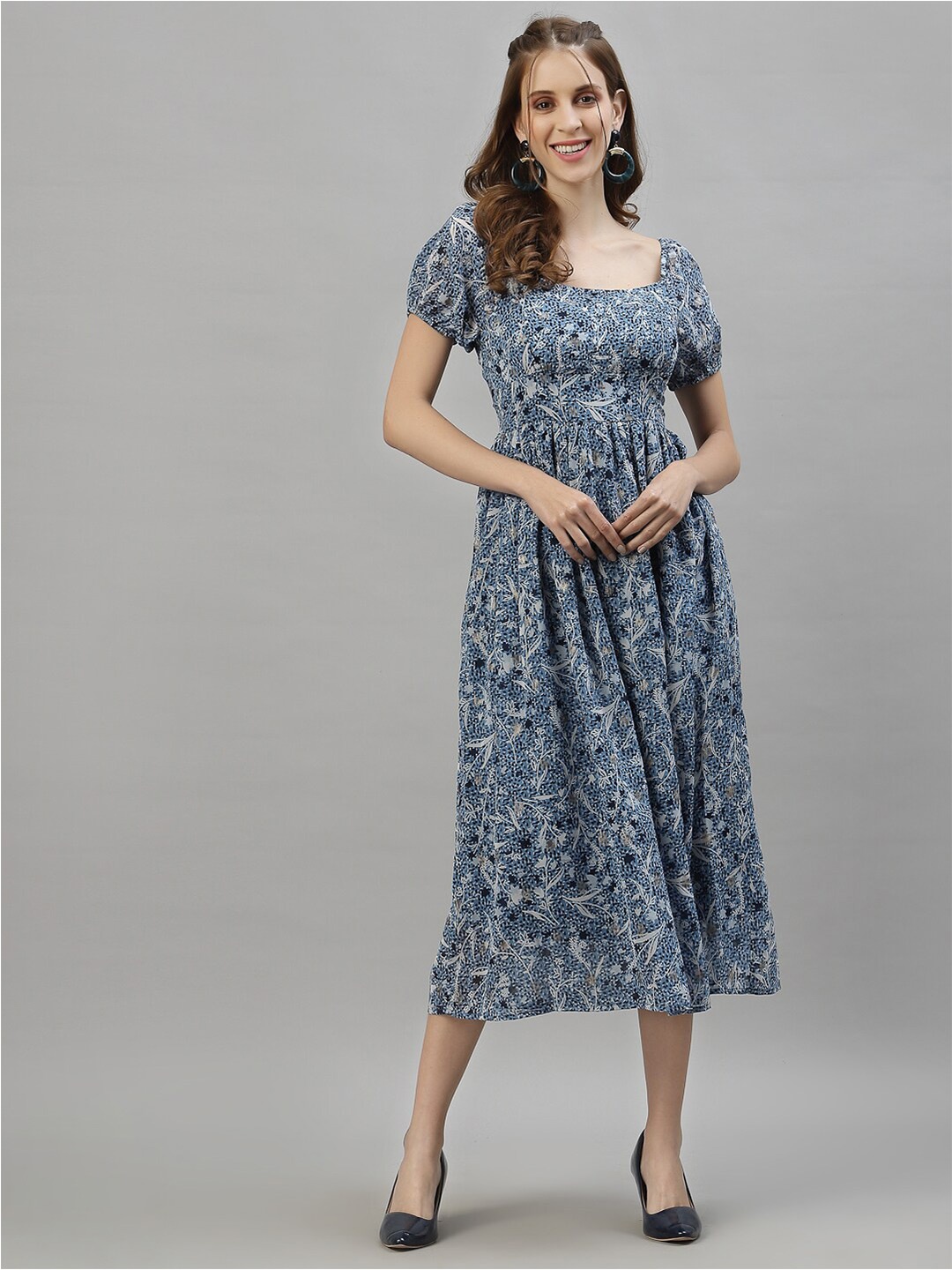 

HOUSE OF KKARMA Floral Printed Puff Sleeve Fit & Flare Midi Dress, Blue