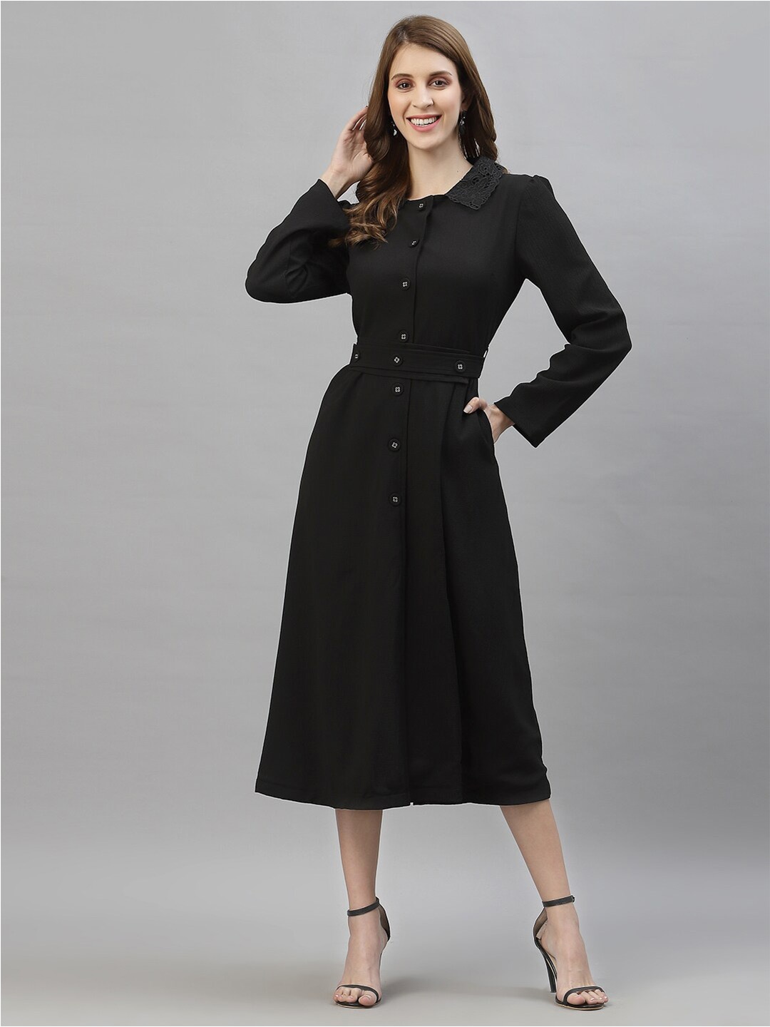 

HOUSE OF KKARMA Shirt Collar A-Line Midi Dress, Black