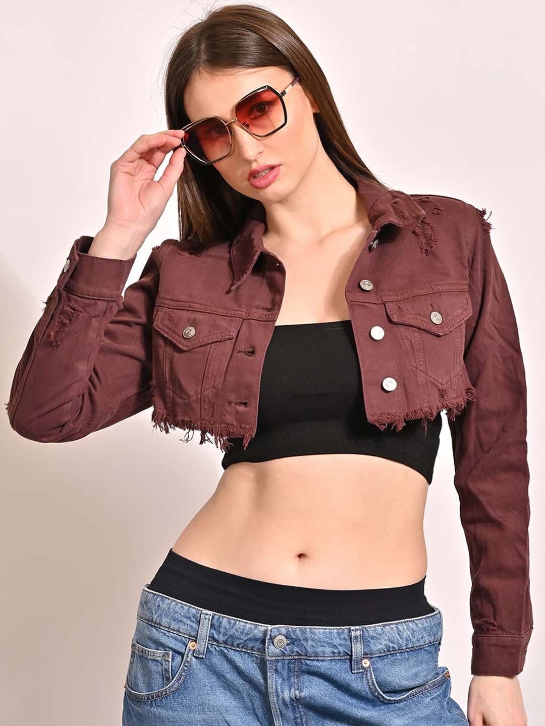 

NoBarr Spread Collar Long Sleeves Cotton Crop Denim Jacket, Brown