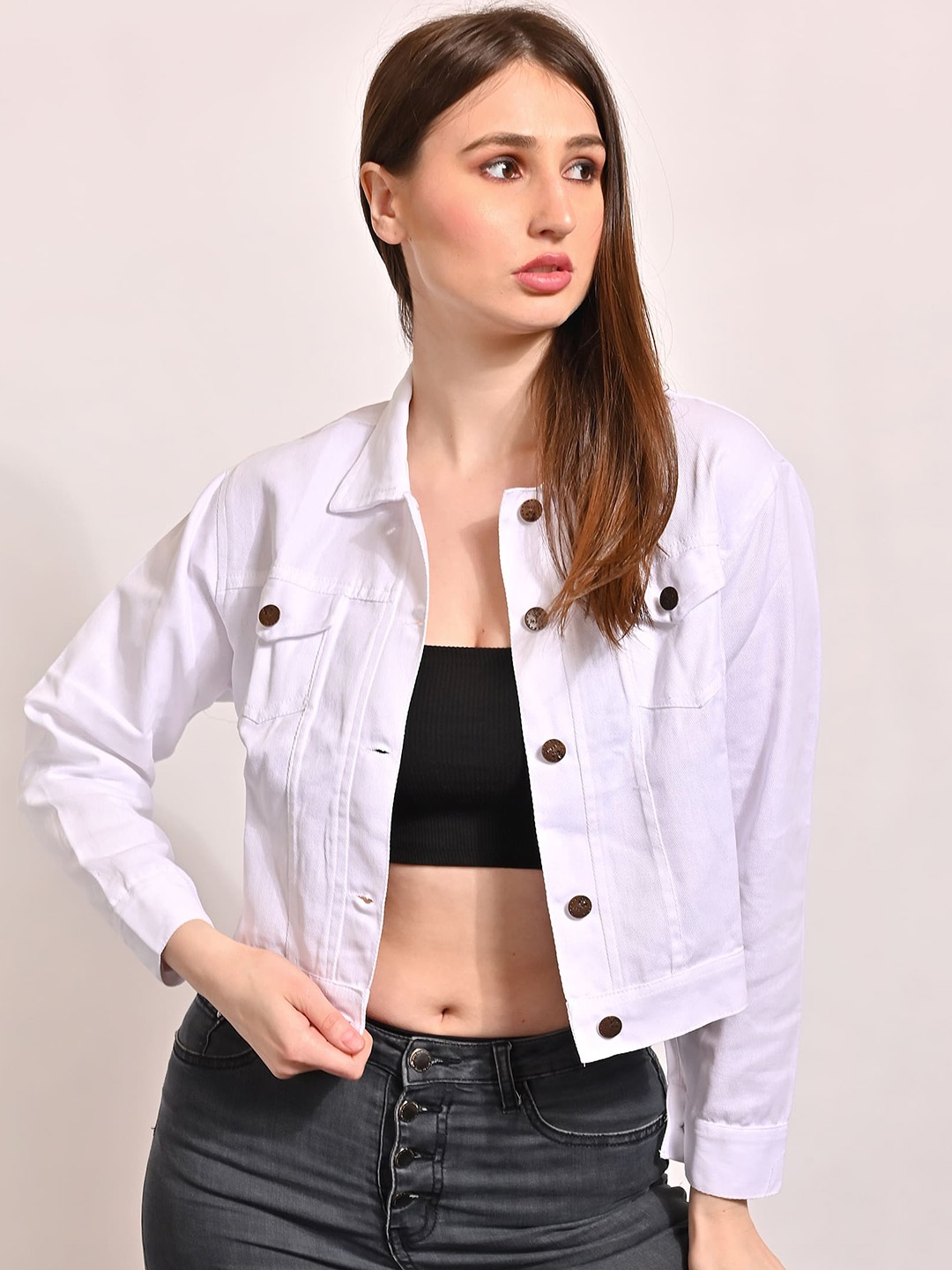 

NoBarr Spread Collar Long Sleeves Crop Denim Jacket, White