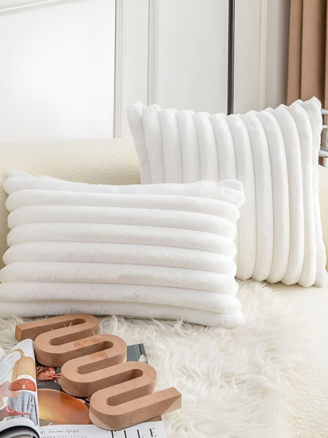 

MONKDECOR White 2 Pieces Striped Velvet Rectangle Cushion Covers