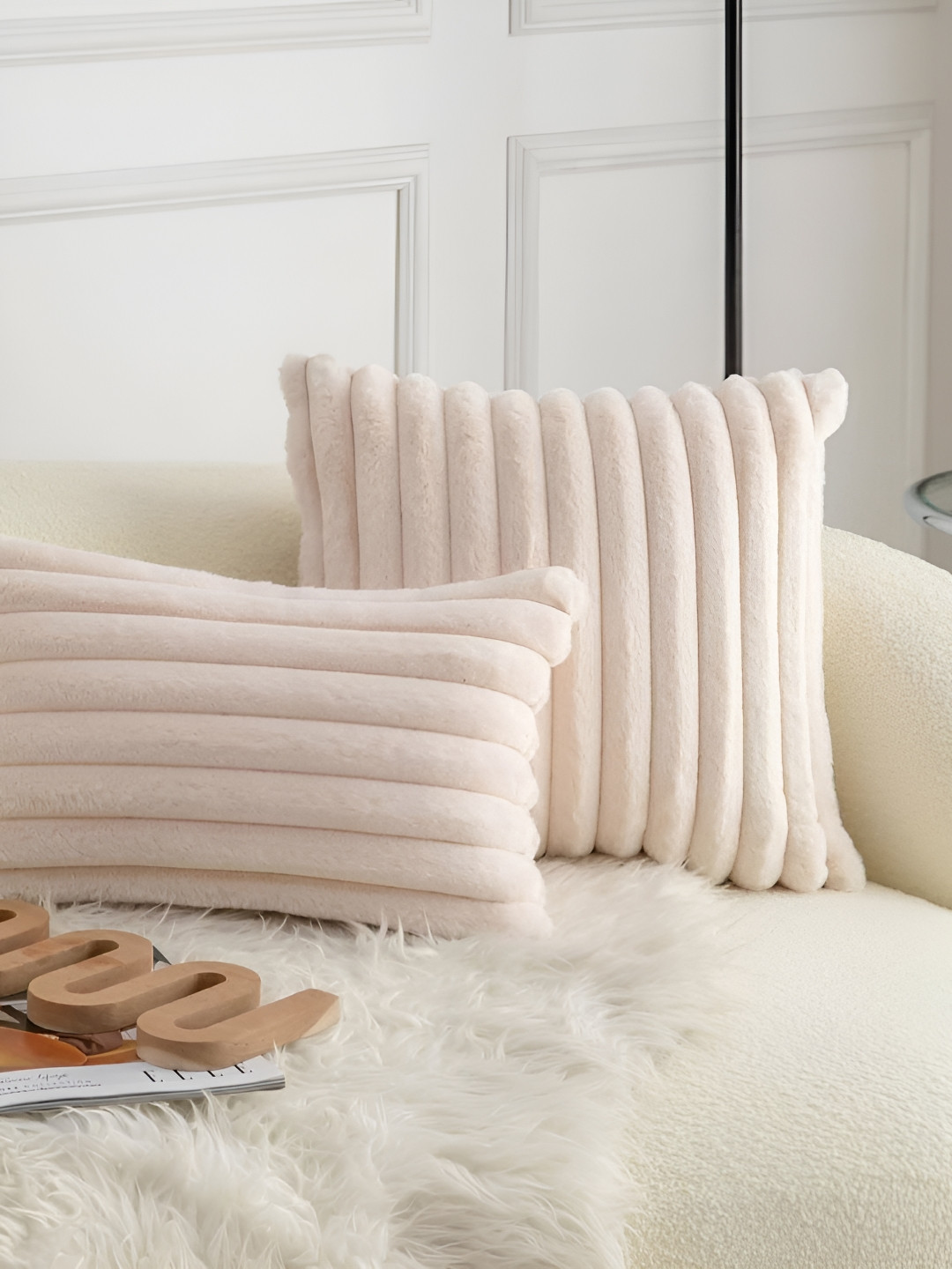 

MONKDECOR Cream-Coloured 2 Pieces Striped Velvet Rectangle Cushion Covers