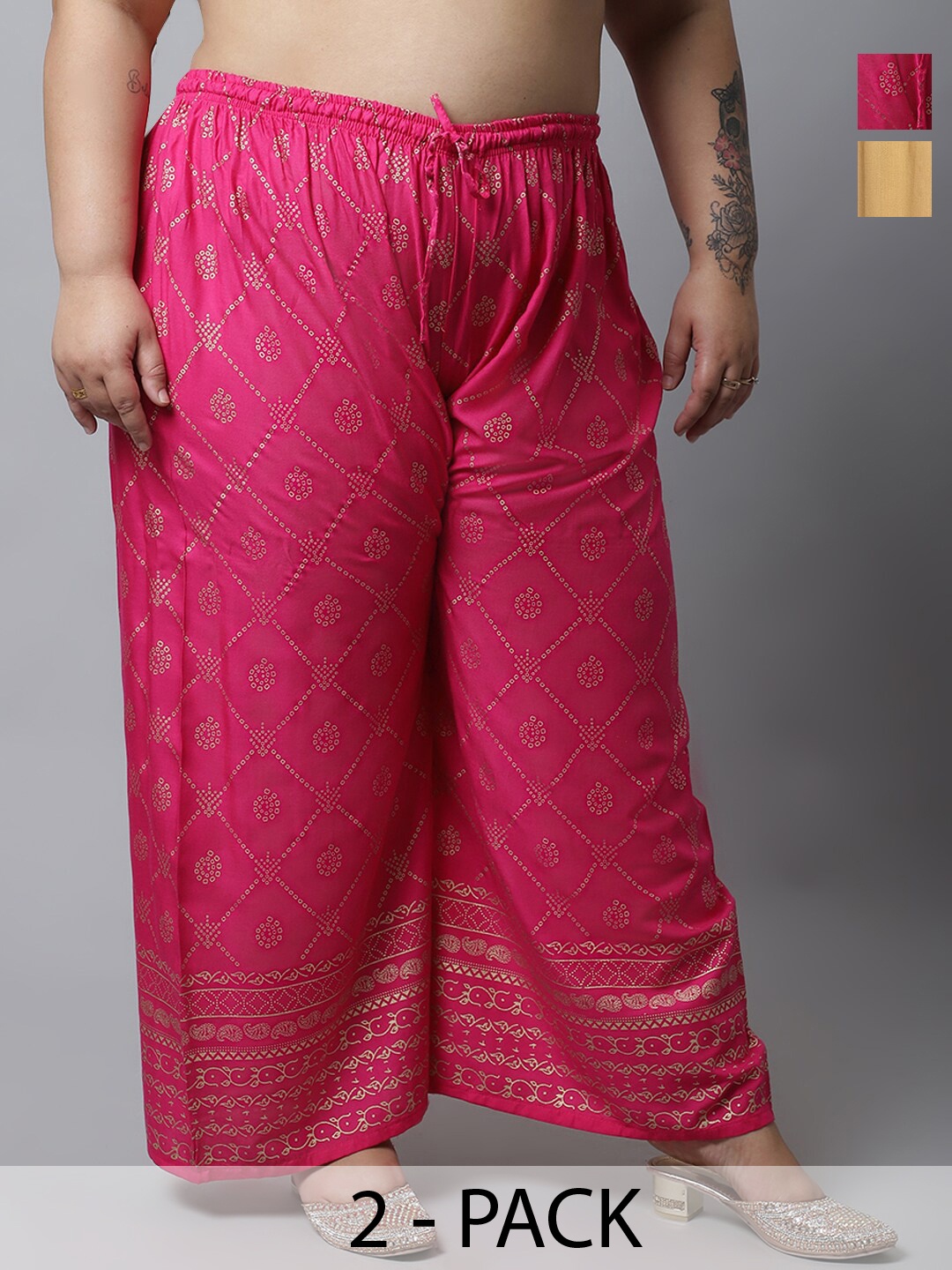 

Miaz Lifestyle Plus Size Pack Of 2 Ethnic Motifs Printed Flared Palazzos, Beige