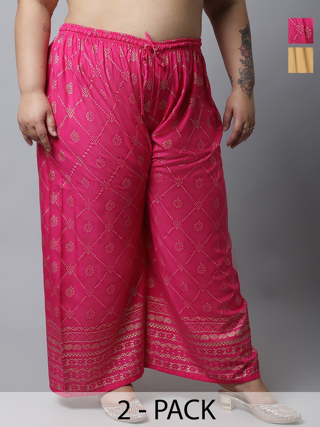 

Miaz Lifestyle Plus Size Pack Of 2 Ethnic Motifs Printed Wide Leg Ethnic Palazzos, Pink