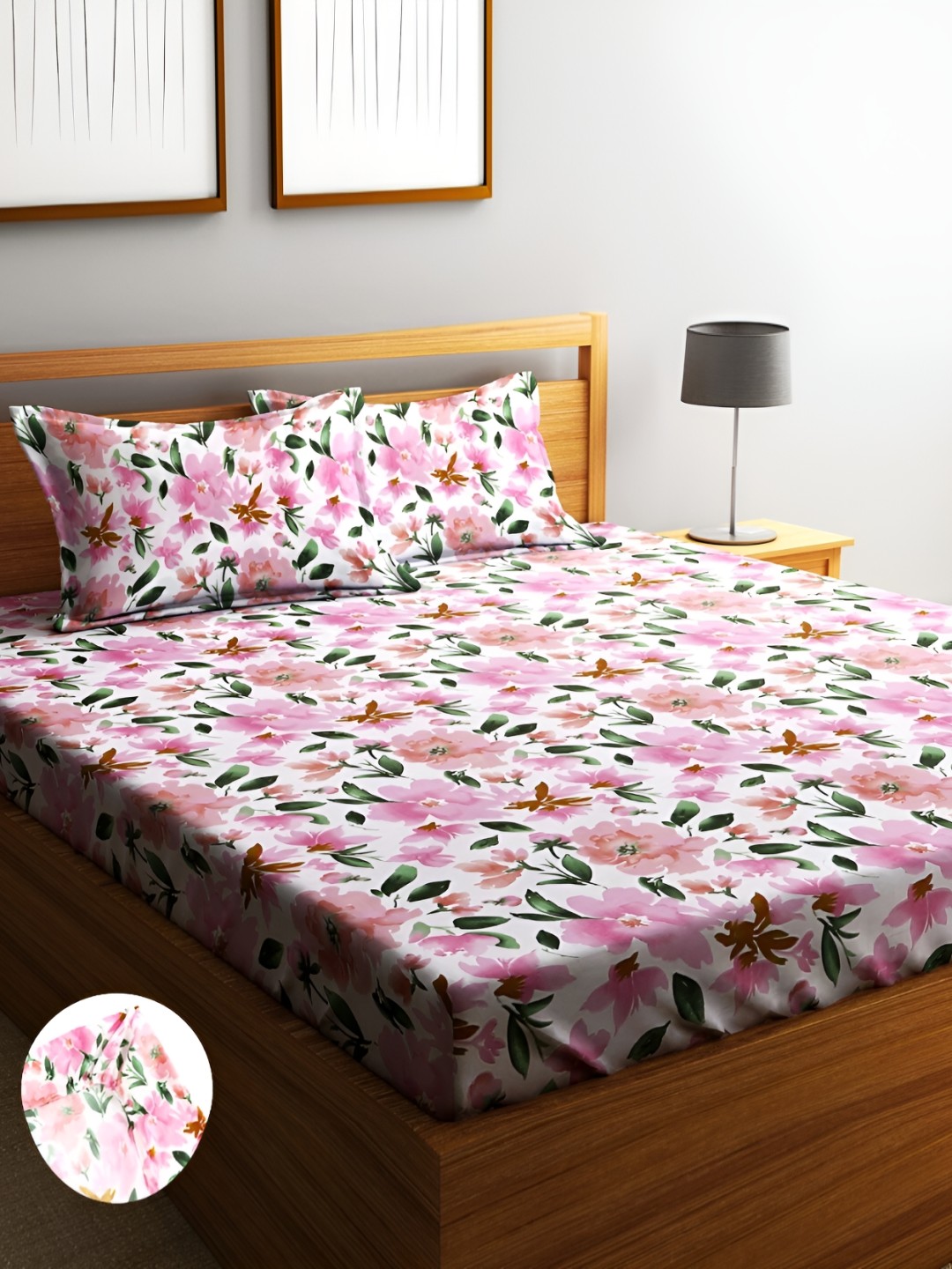 

Home Sizzler Pink & White Floral Fitted144 TC King Bedsheet with 2 Pillow Covers