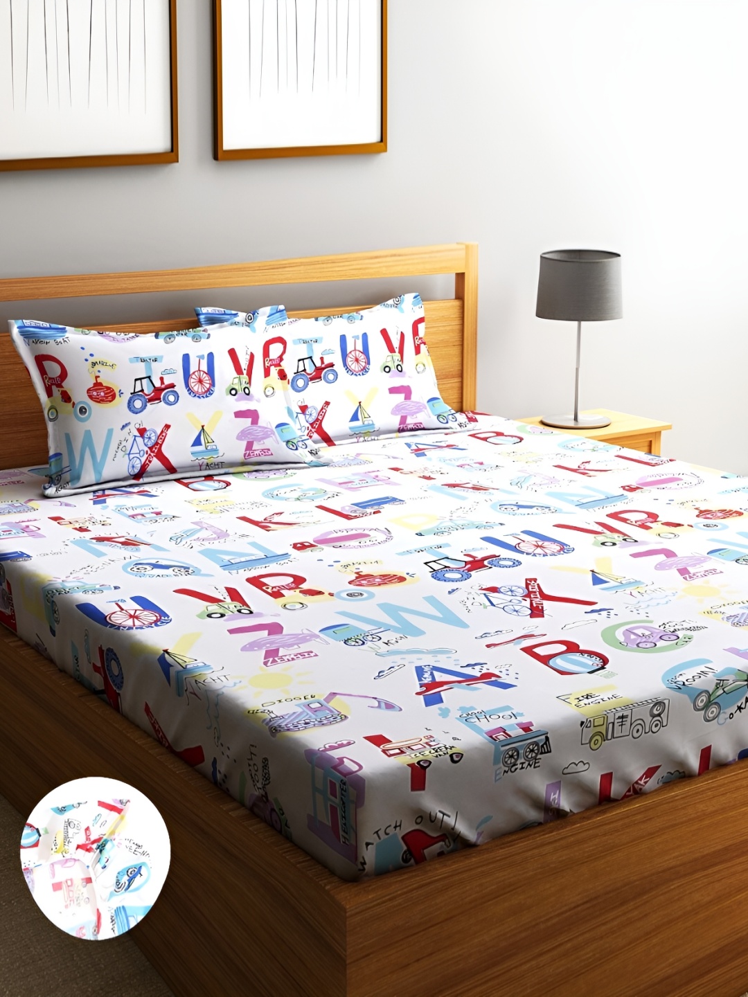 

Home Sizzler White&Blue Printed Microfiber 144TC Fitted King 1 Bedsheet with2Pillow Covers