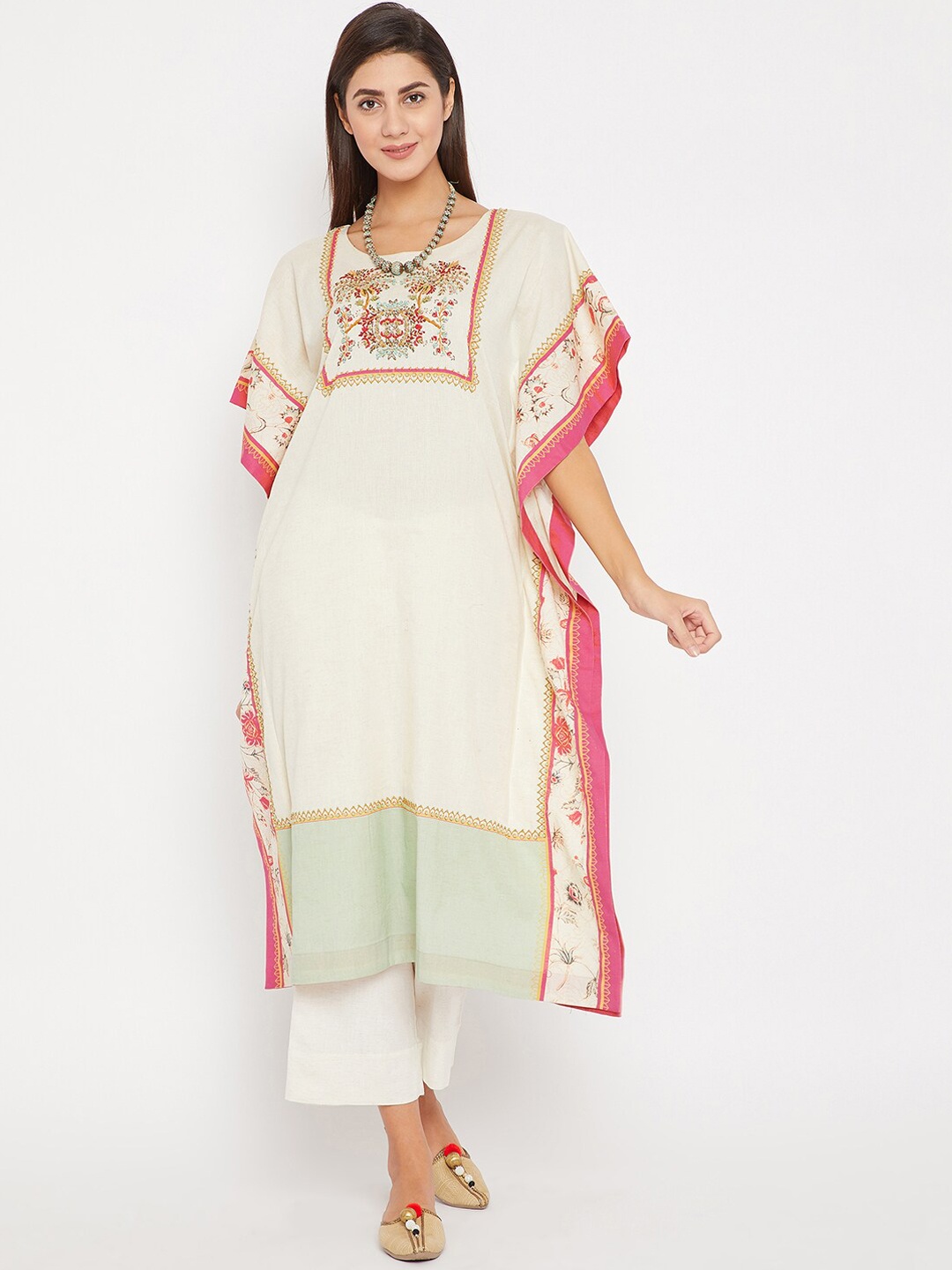 

The Kaftan Company Round Neck Ethnic Motifs Printed Handloom Kaftan Kurta, White