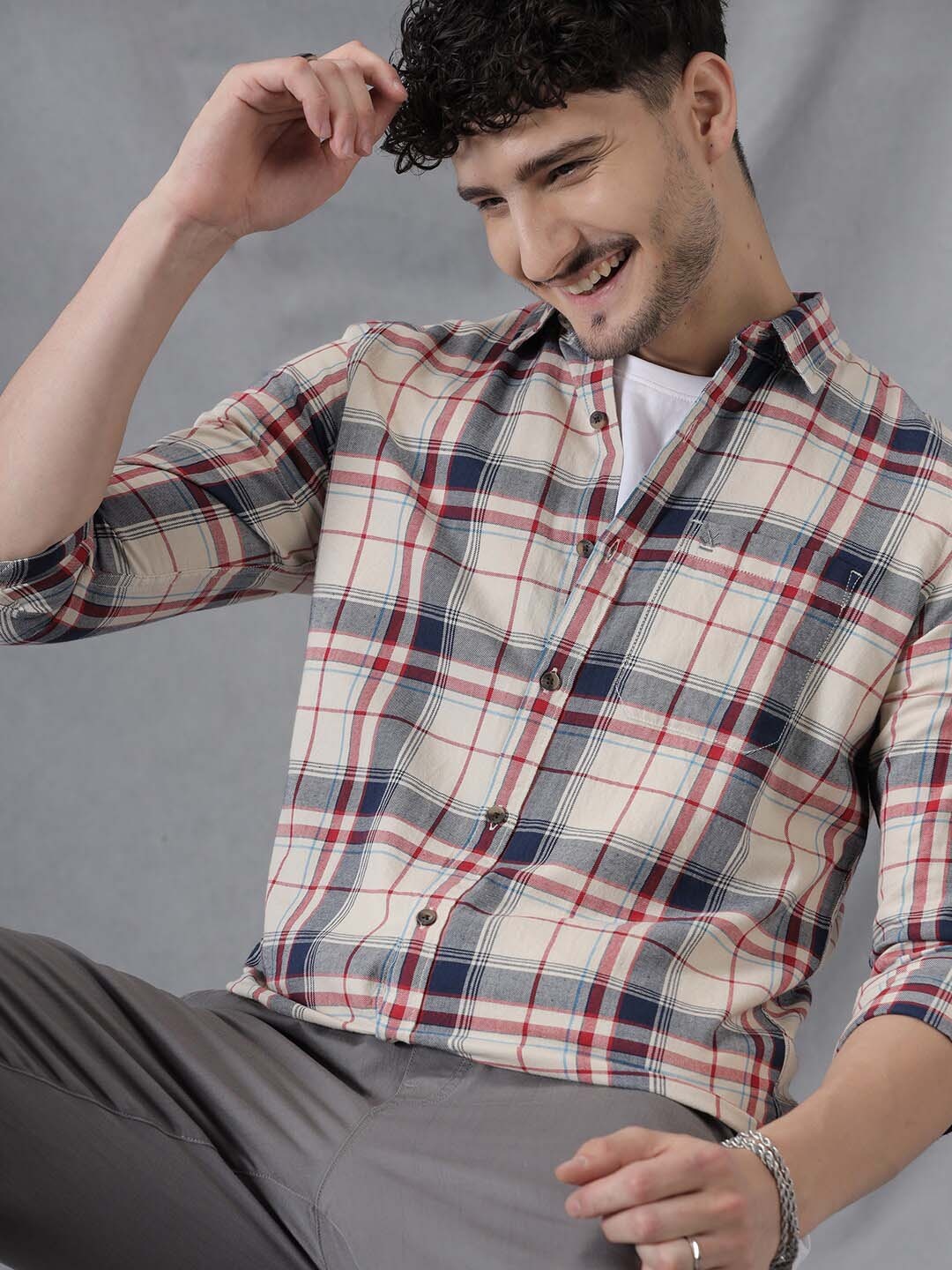 

WROGN Comfort Slim Fit Tartan Checked Spread Collar Long Sleeves Casual Shirt, Beige