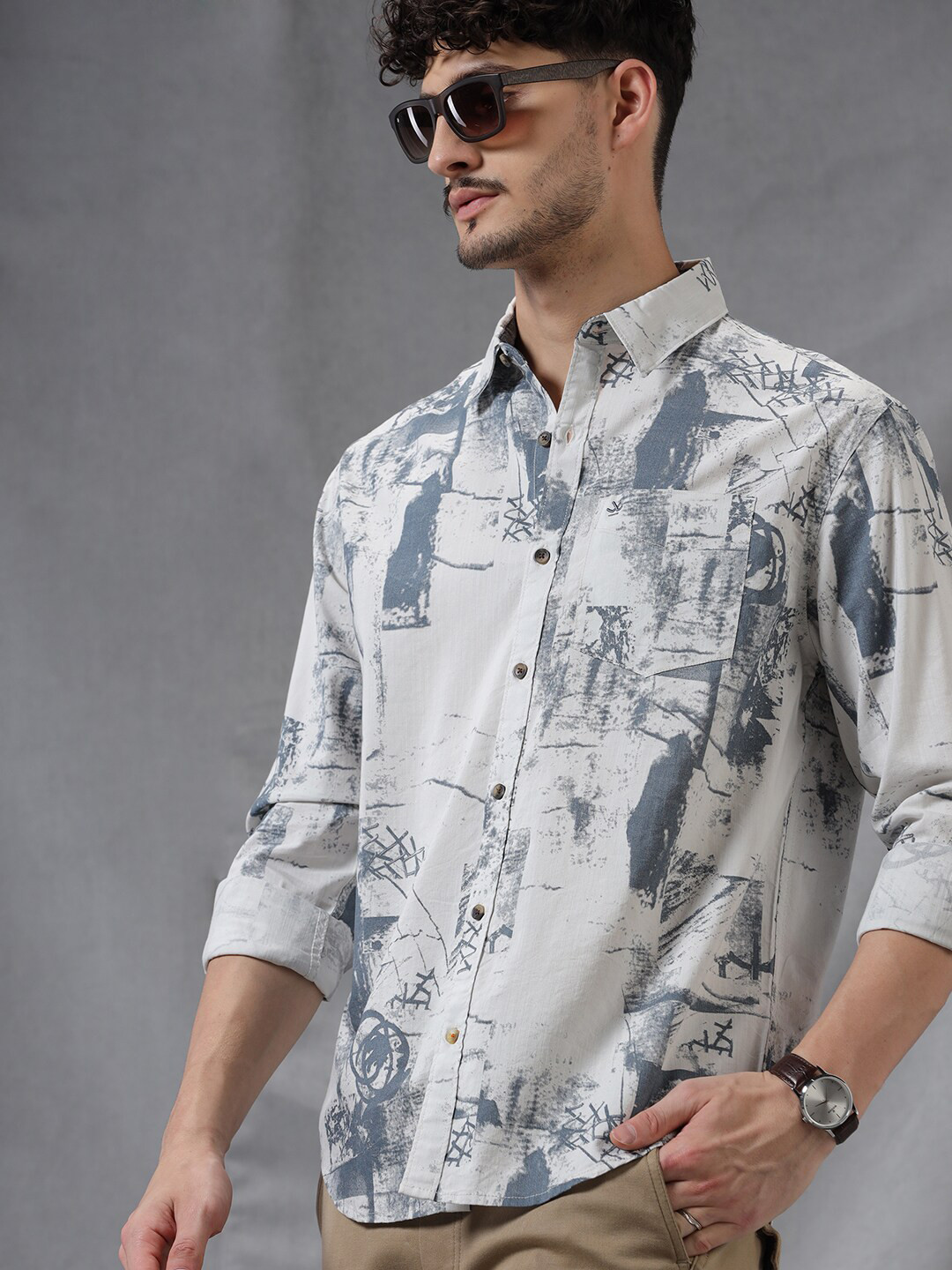 

WROGN Men Comfort Printed Spread Collar Long Sleeves Regular Fit Casual Shirt, Grey