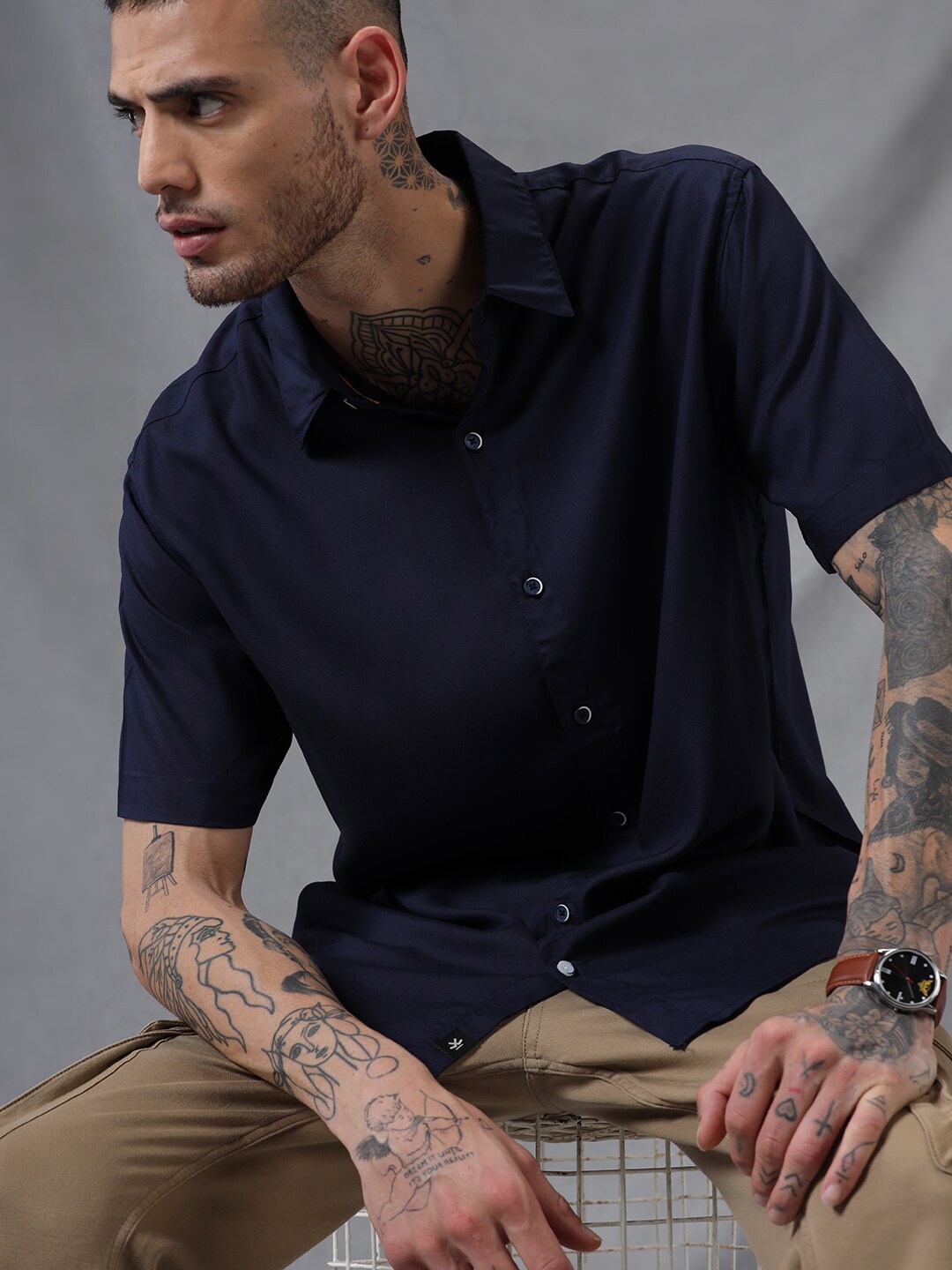 

WROGN Comfort Spread Collar Opaque cotton Casual Shirt, Blue
