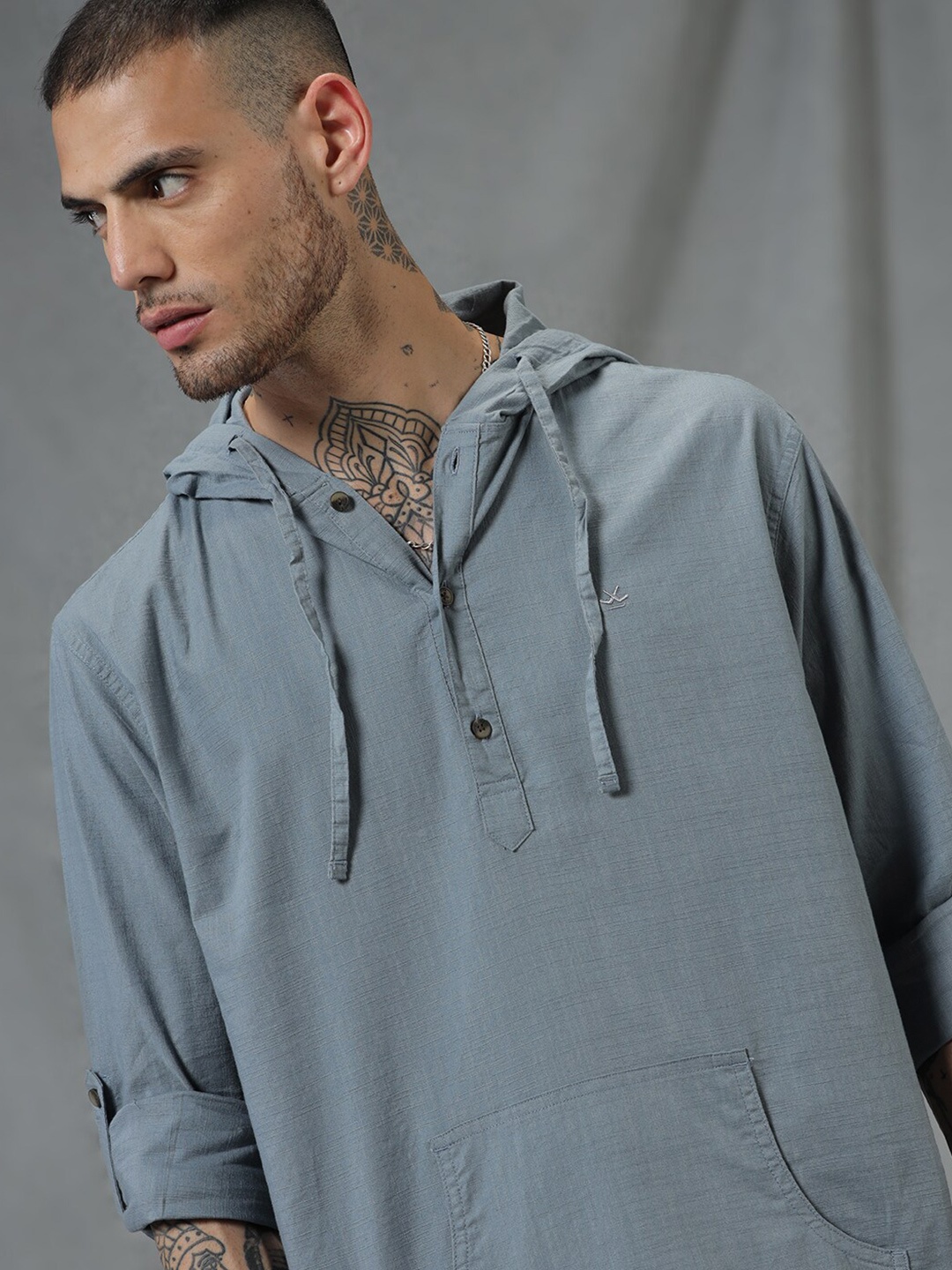 

WROGN Comfort Hooded Long Sleeves Regular Fit Casual Shirt, Grey
