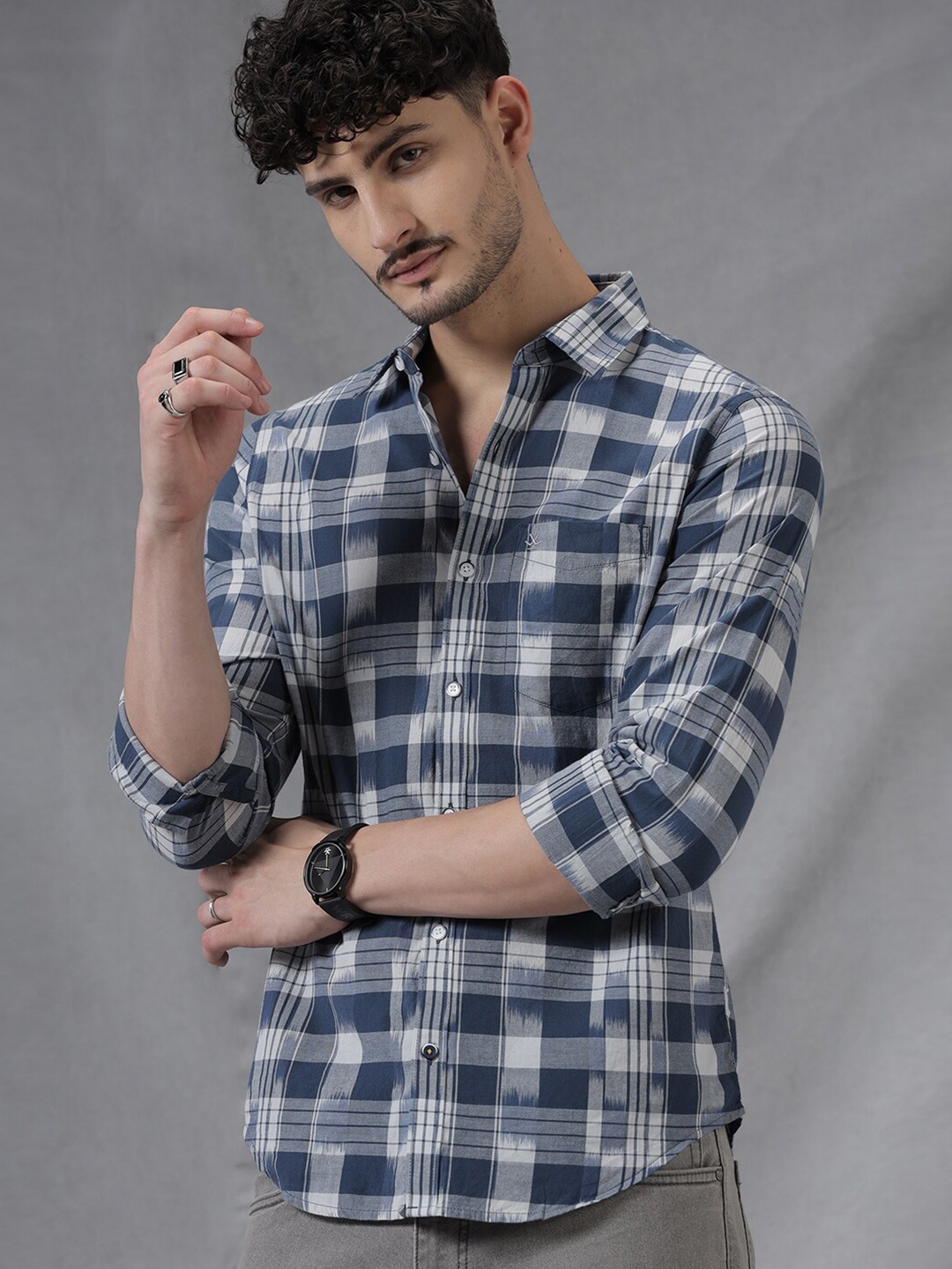 

WROGN Comfort Slim Fit Tartan Checked Spread Collar Long Sleeves Casual Shirt, Navy blue