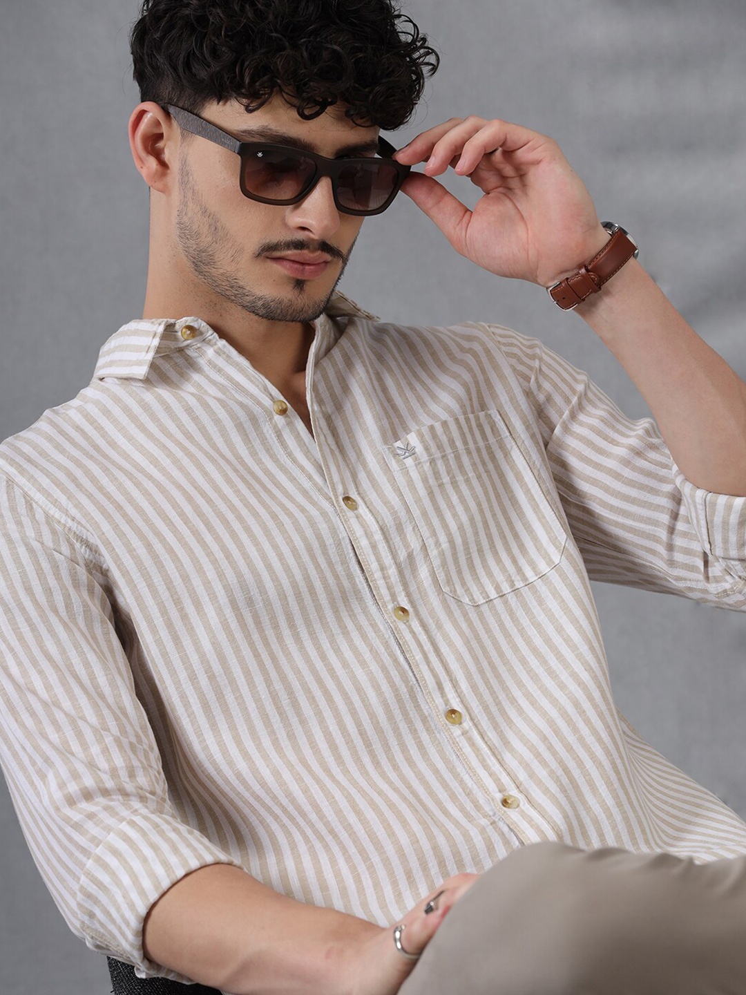 

WROGN Comfort Spread Collar Slim Fit Opaque Striped Cotton Casual Shirt, Beige