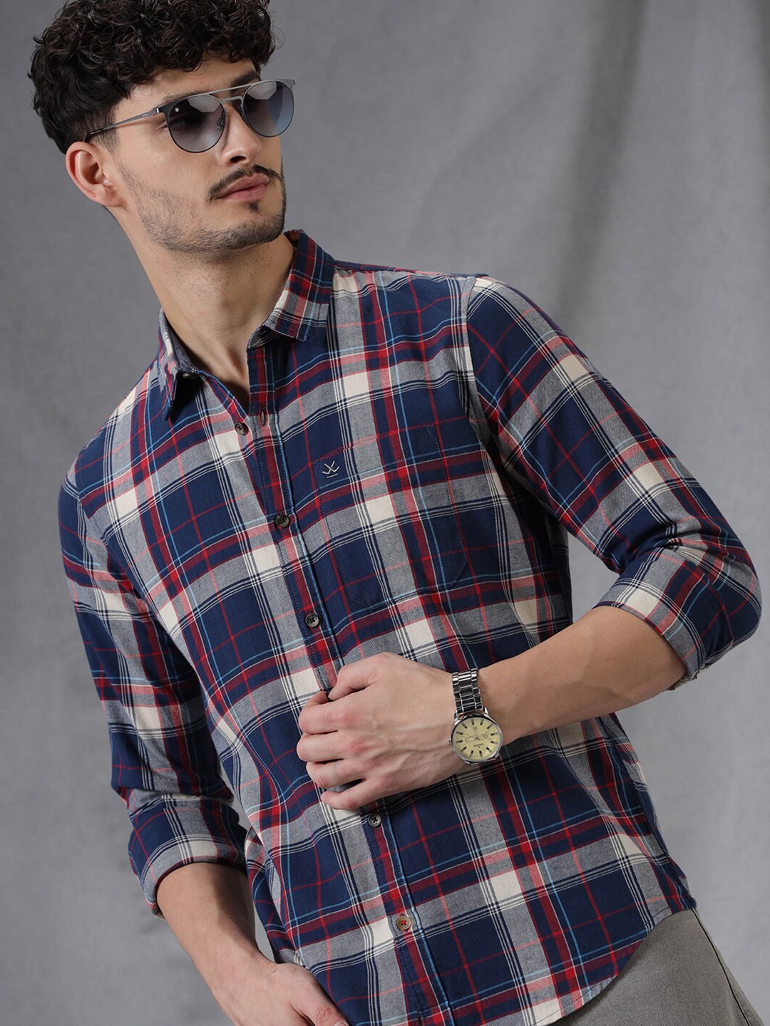 

WROGN Comfort Slim Fit Tartan Checked Spread Collar Long Sleeves Casual Shirt, Navy blue