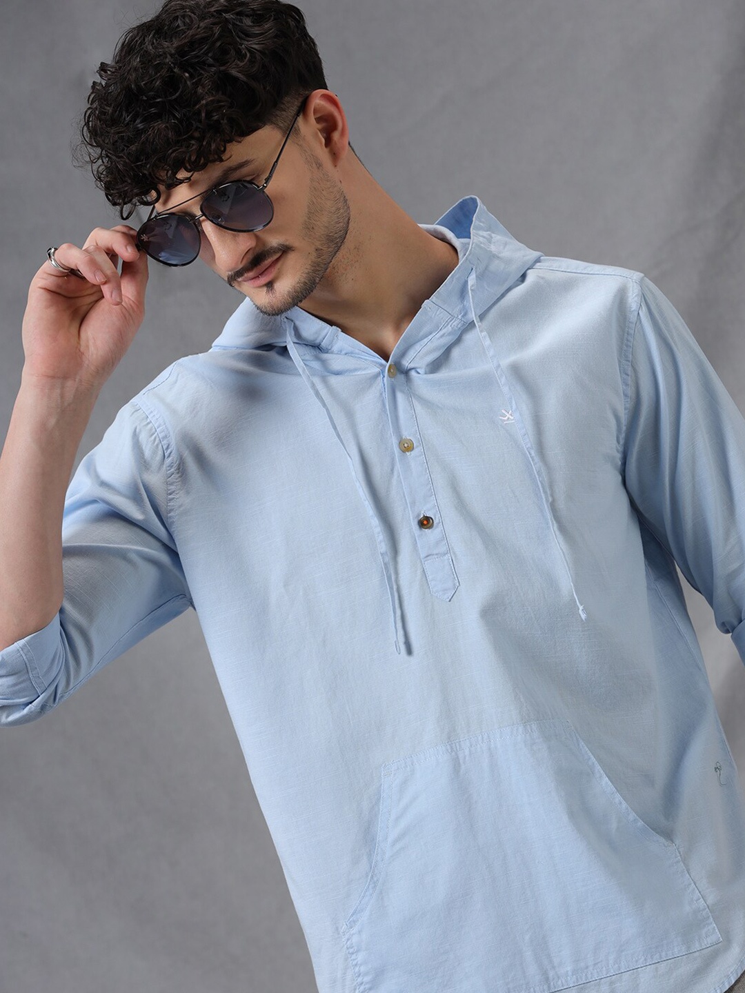 

WROGN Comfort Hooded Long Sleeves Regular Fit Casual Shirt, Blue
