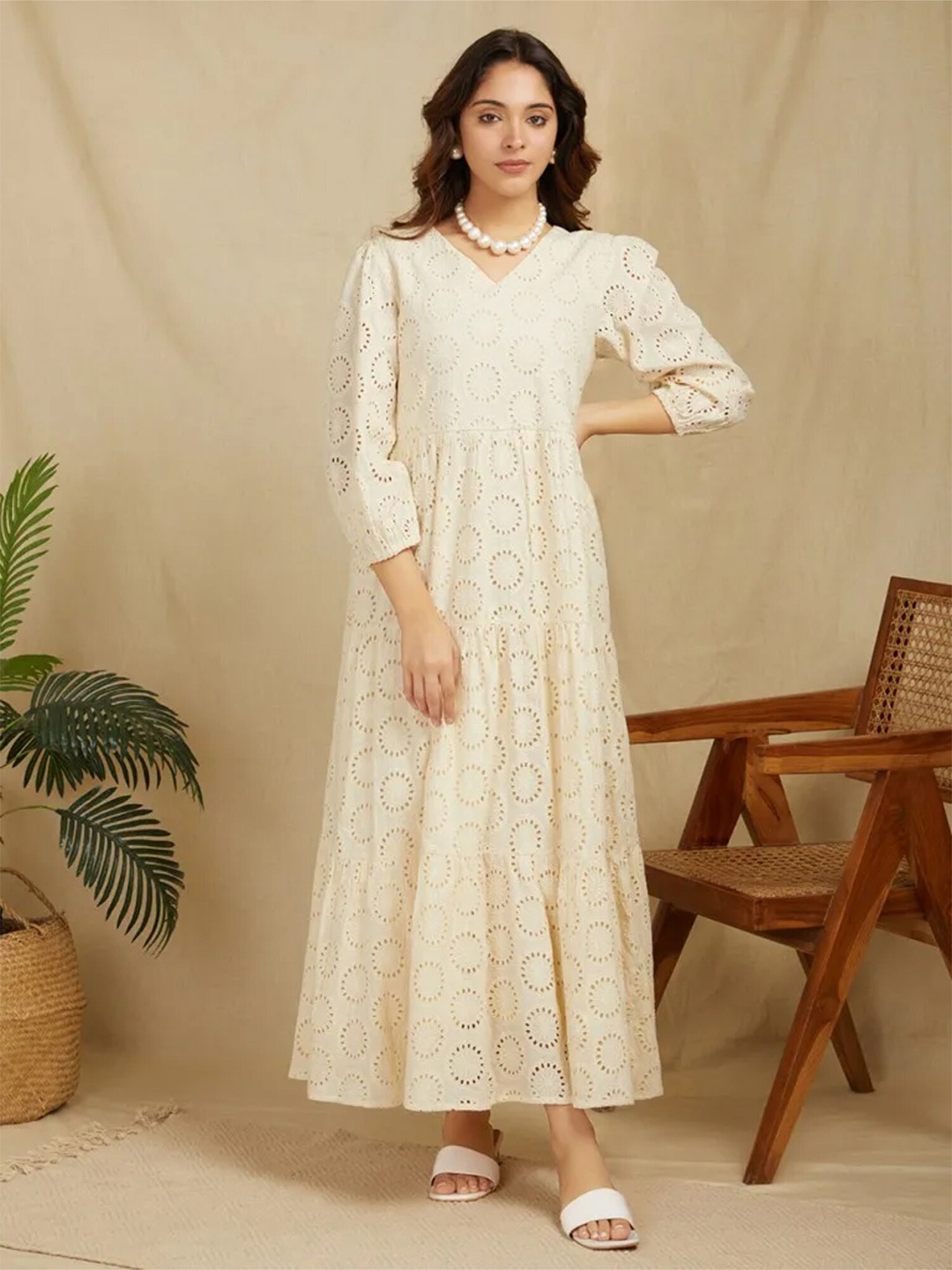 

SANASH Collections Self Design Puff Sleeve Cotton Schiffli Tiered Maxi Dress, Beige
