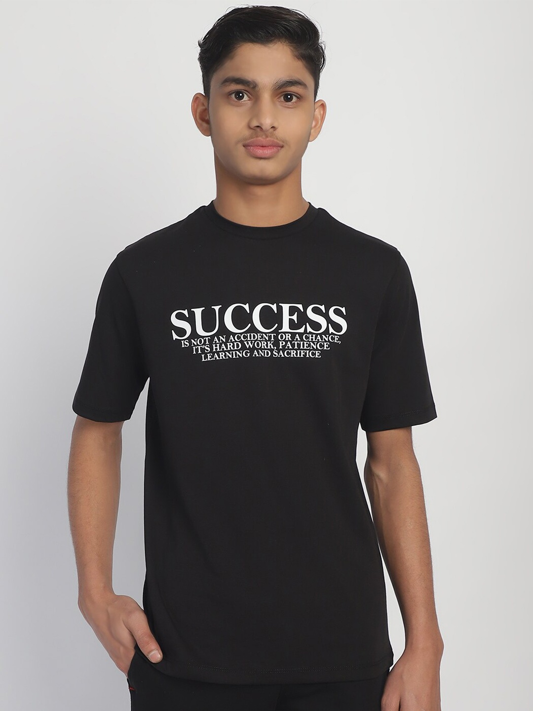 Rute Boys Round Neck Short Sleeves Typography Printed T-shirt, Black