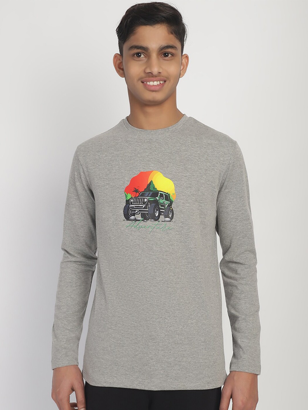 

Rute Boys Round Neck Long Sleeves Printed Cotton T-shirt, Grey