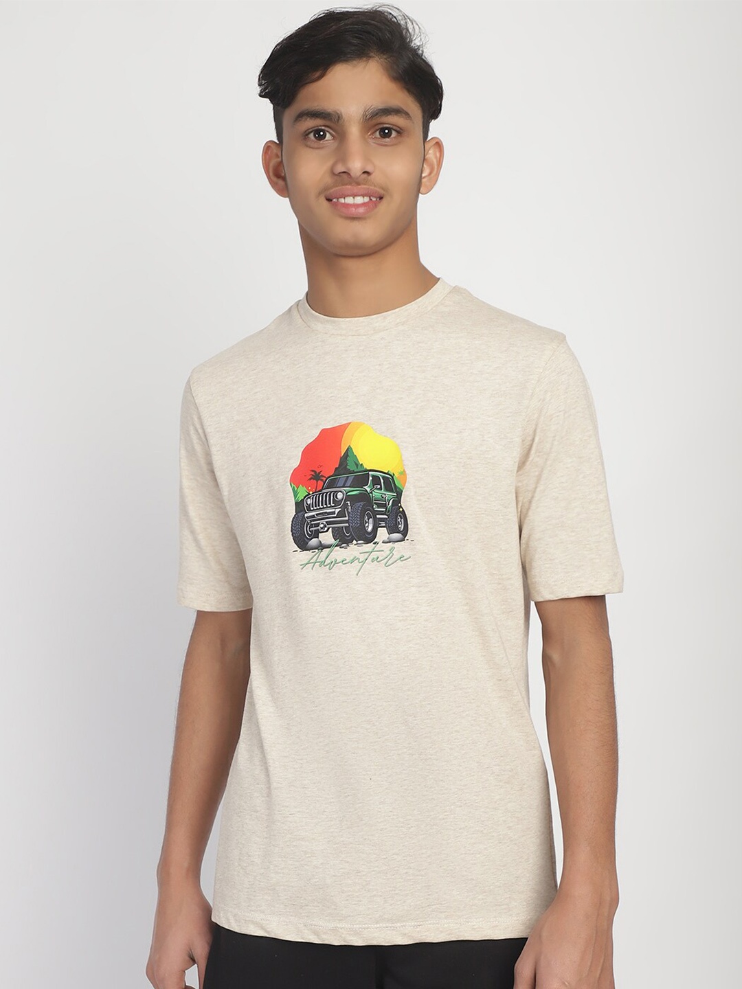 

Rute Boys Round Neck Short Sleeves Printed Cotton T-shirt, Beige